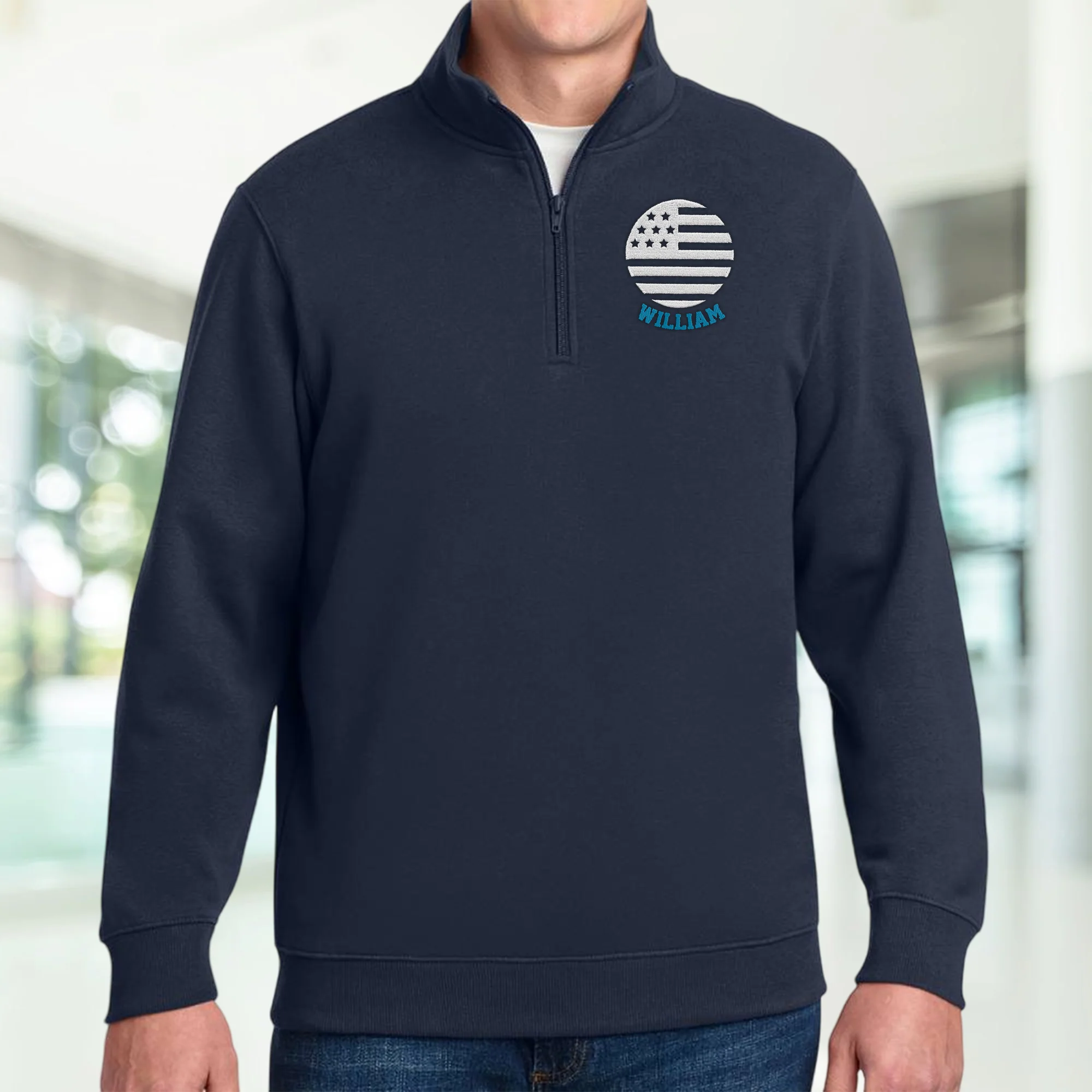 Personalized Name US Flag Embroidered Quarter Zip Sweater, Unique Enthusiast Gift HA75 898634 - Image 5