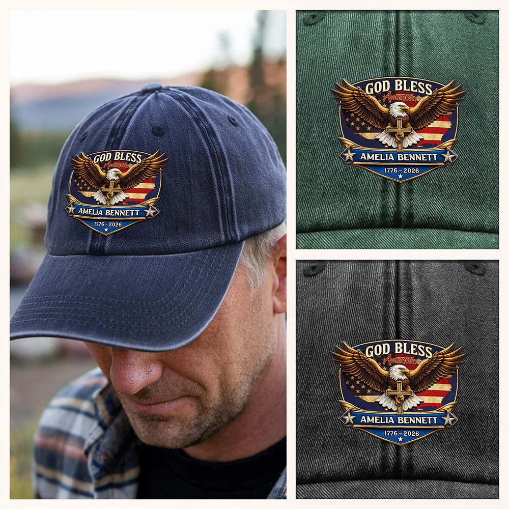 Personalized Patriotic 250th Anniversary God Bless America Eagle 1776–2026 Washed Denim Baseball Cap HA75 921022 - Image 2