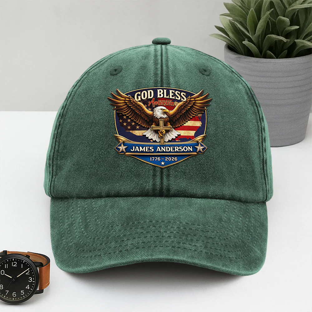 Personalized Patriotic 250th Anniversary God Bless America Eagle 1776–2026 Washed Denim Baseball Cap HA75 921022 - Image 3