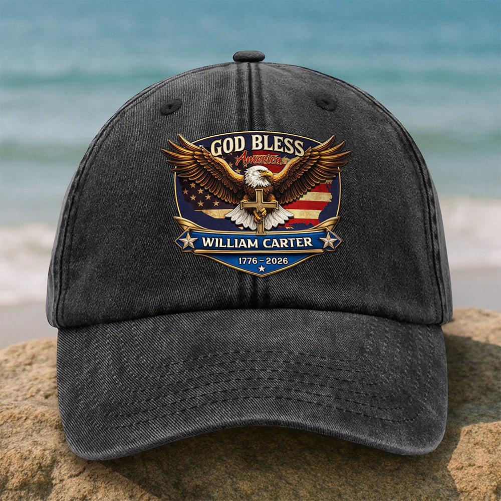 Personalized Patriotic 250th Anniversary God Bless America Eagle 1776–2026 Washed Denim Baseball Cap HA75 921022 - Image 4