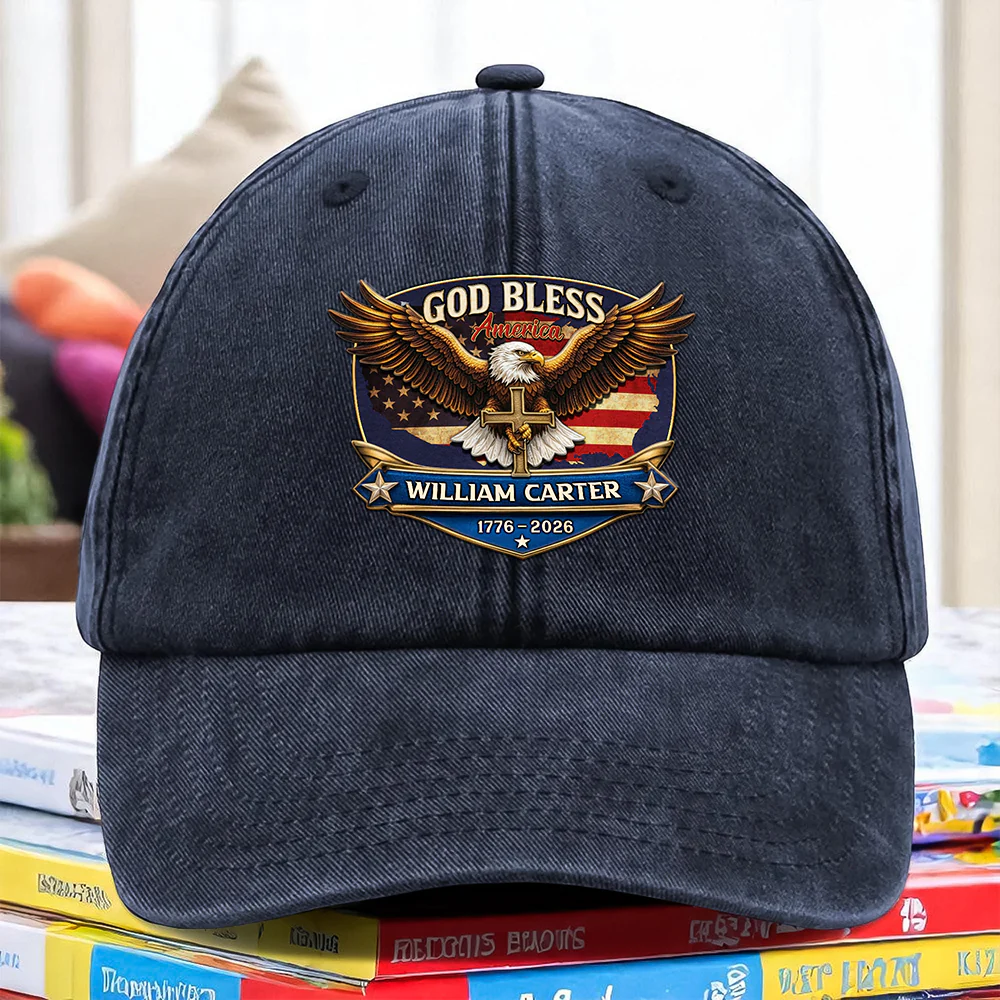 Personalized Patriotic 250th Anniversary God Bless America Eagle 1776–2026 Washed Denim Baseball Cap HA75 921022 - Image 5