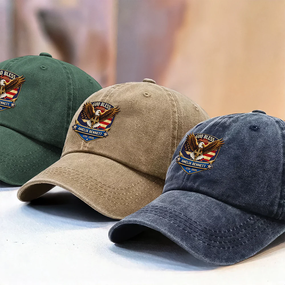 Personalized Patriotic 250th Anniversary God Bless America Eagle 1776–2026 Washed Denim Baseball Cap HA75 921022 - Image 6