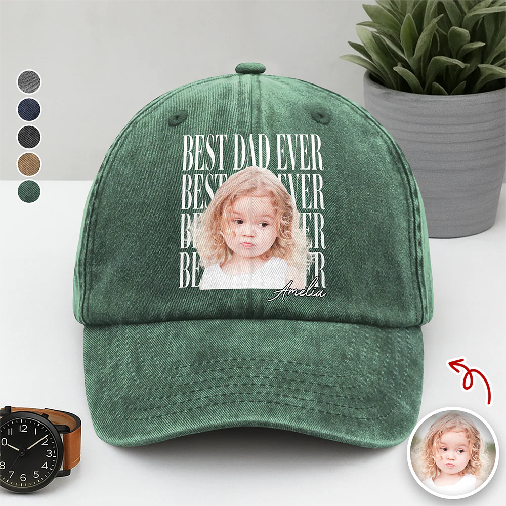 Personalized Vintage Photo Best Dad Mom Ever Washed Denim Baseball Cap HA75 921434 - Image 3
