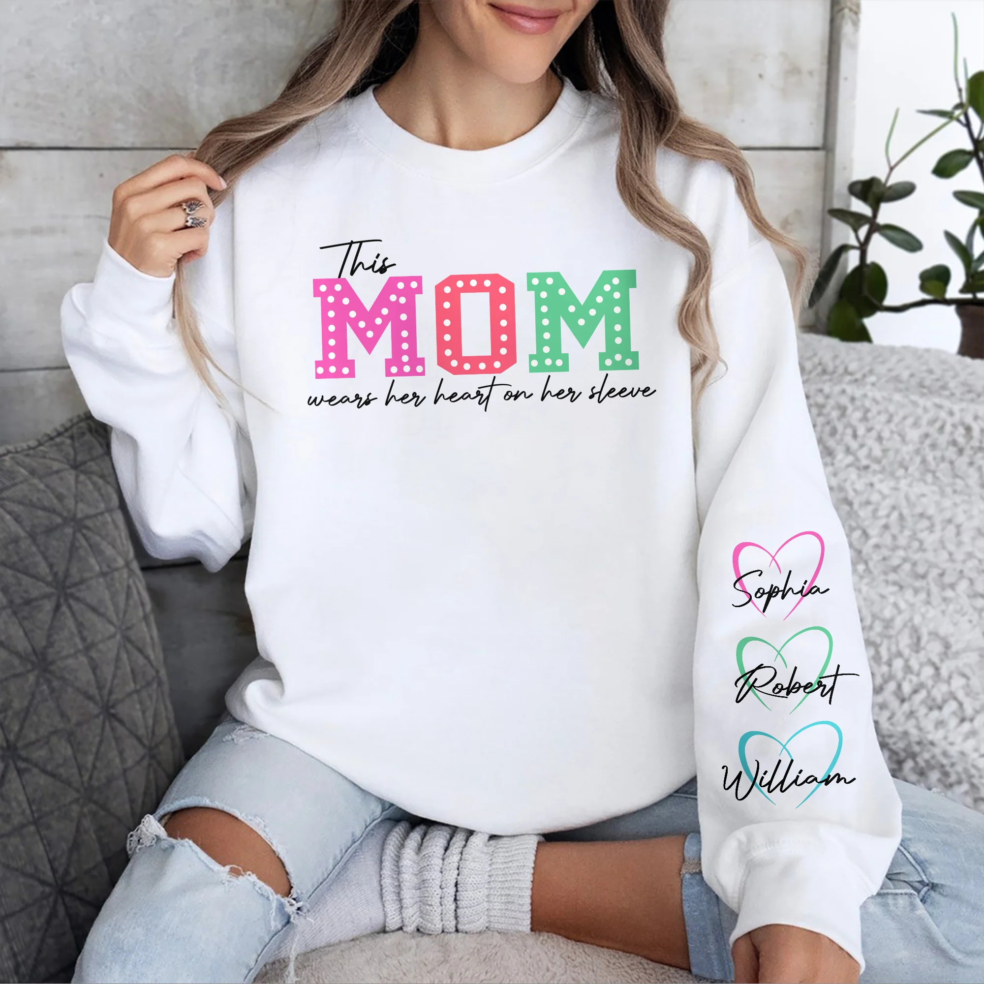 This Mommy Wears Her Heart on Her Sleeve Personalized Printed Sweatshirt HA75 892202 - Image 2