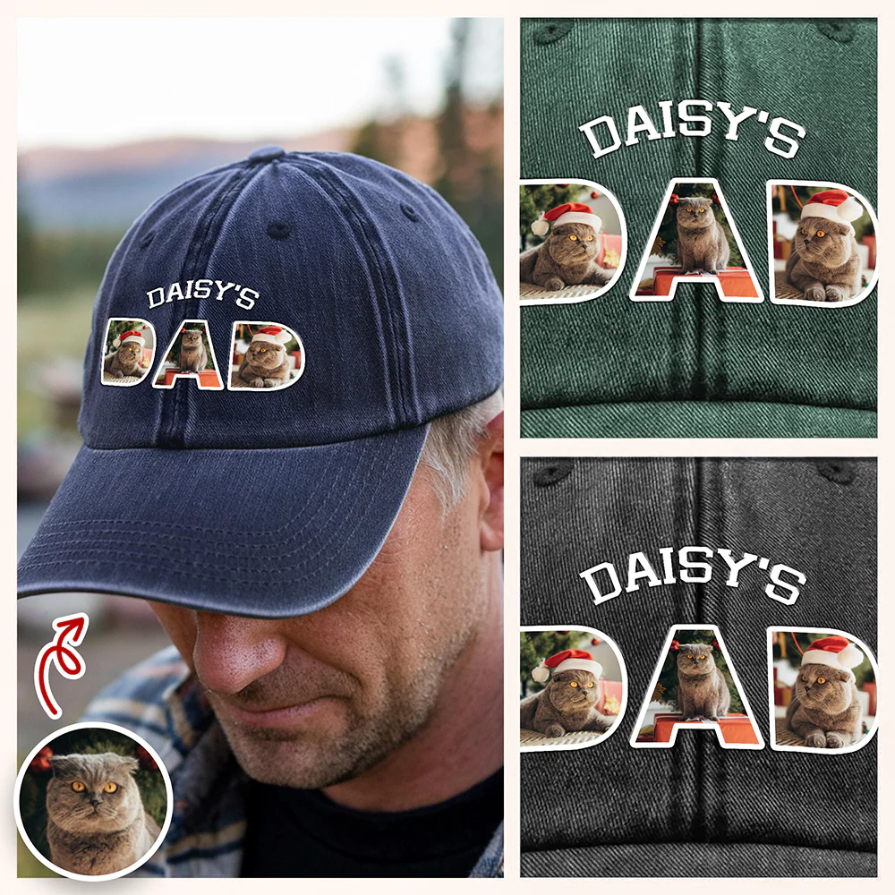 Upload Photo Dog, Cat & Dad - Dog, Cat's Dad Washed Denim Baseball Cap HA75 892948 - Image 3