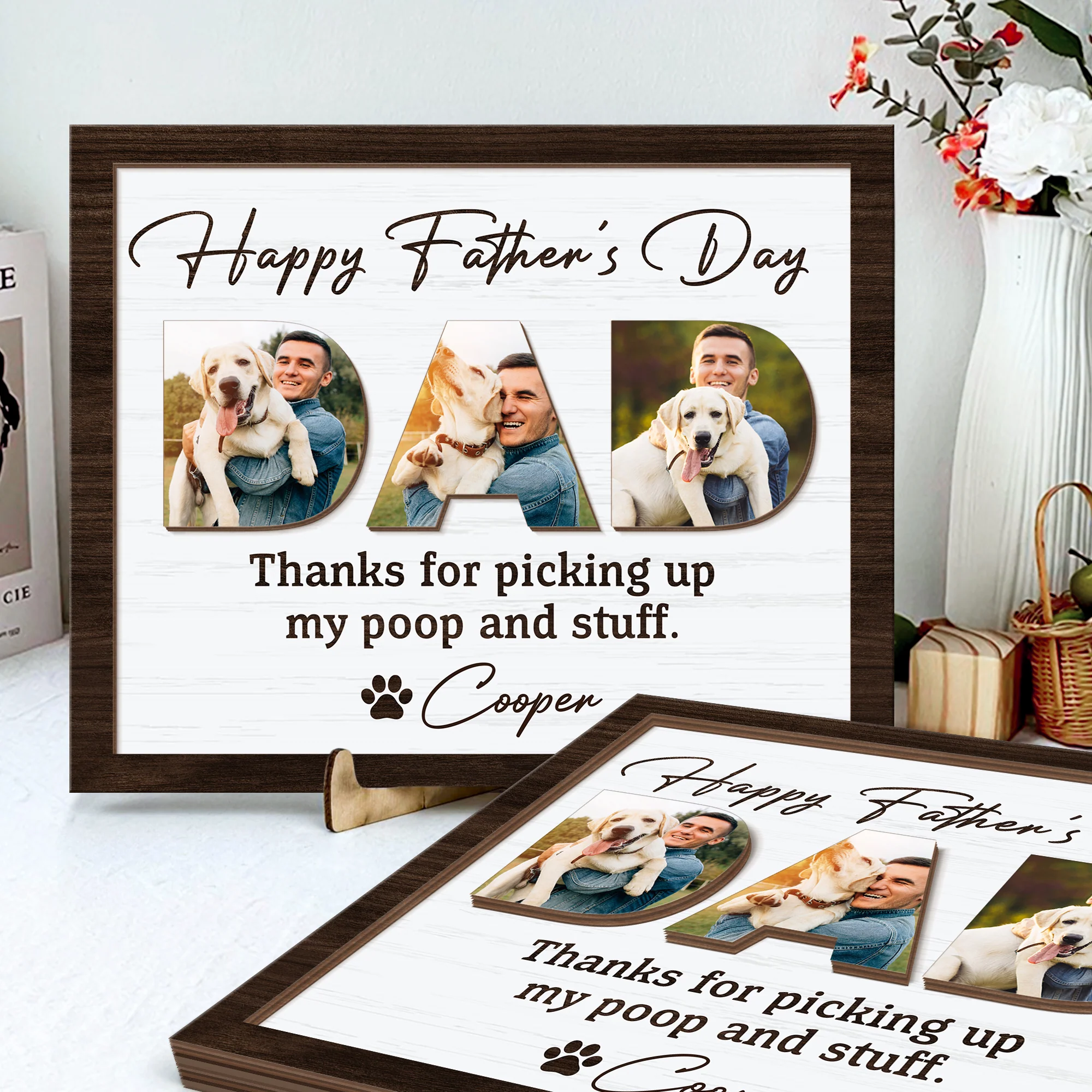 Upload Photo Happy Father's Day, Dog 2-Layered Wooden Plaque With Stand HA75 892518 - Image 5