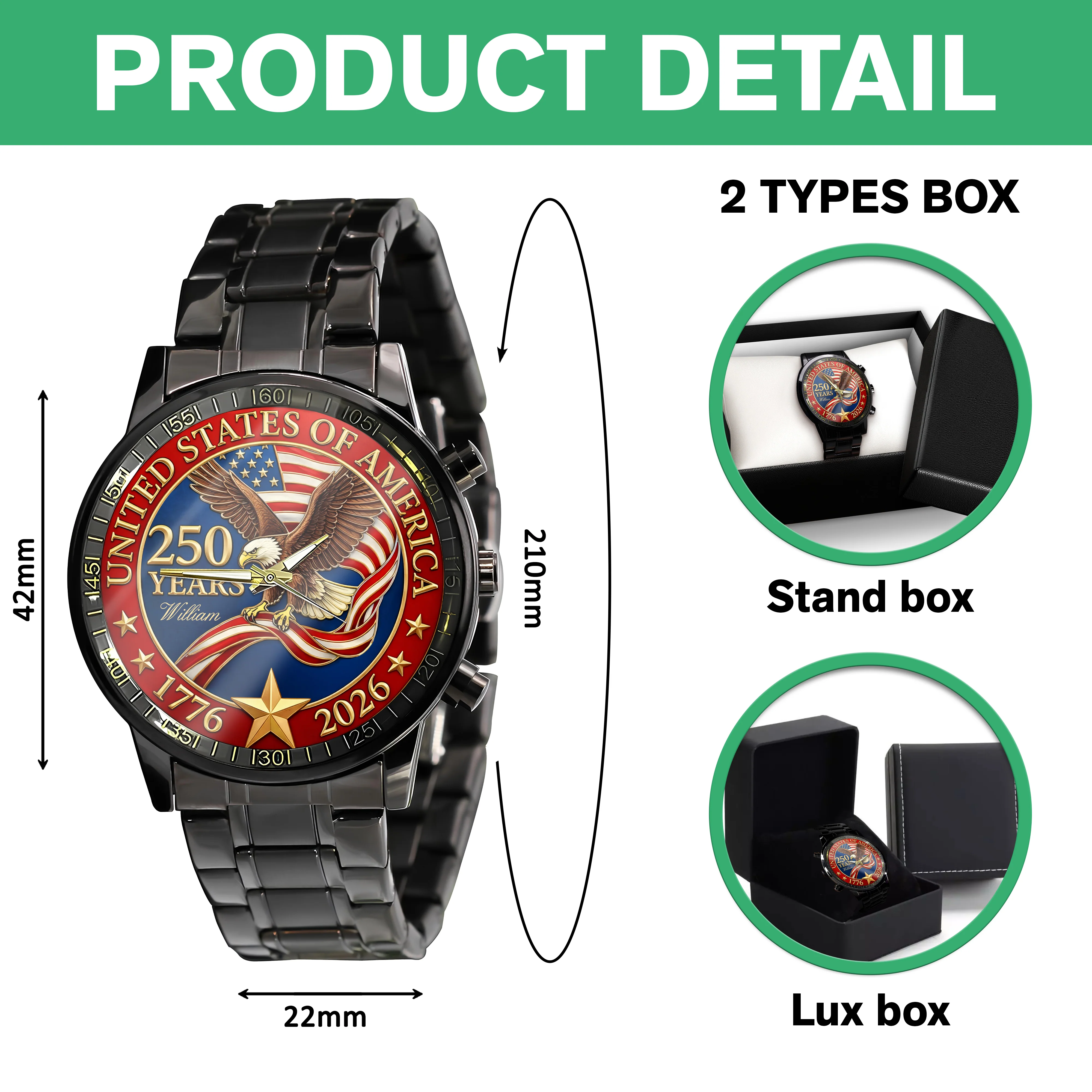 USA 250 Years Anniversary America Personalized Men's Wrist Watch HA75 920600 - Image 7