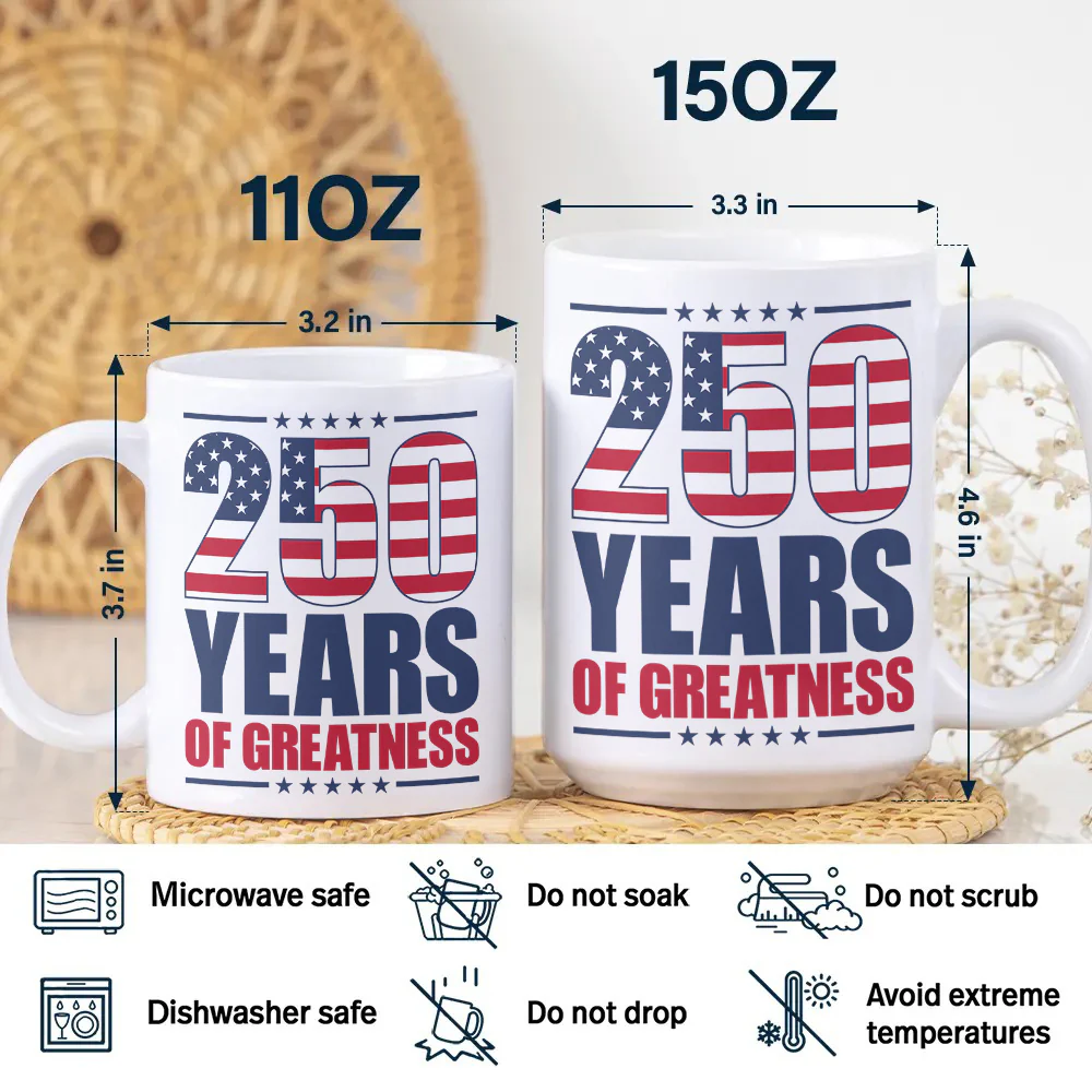 250 Years of Greatness USA Flag Patriotic 1776-2026 Anniversary White Mug LM32 895231 - Image 7