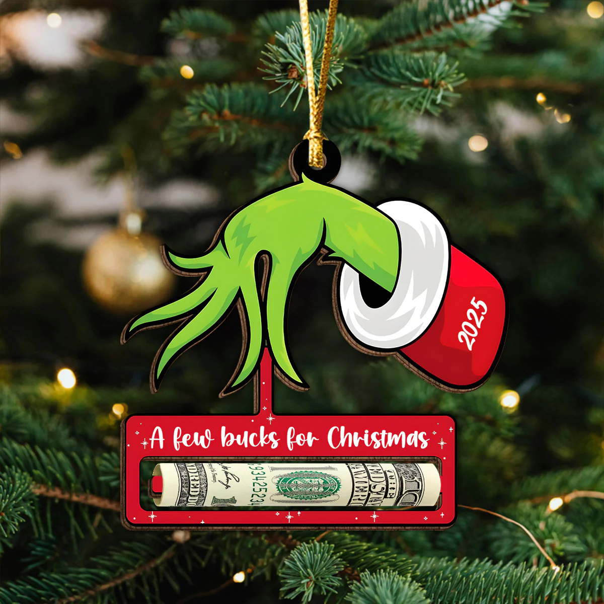 A Few Bucks for Christmas Grinchy Wood Money Holder Ornament LM32 897399