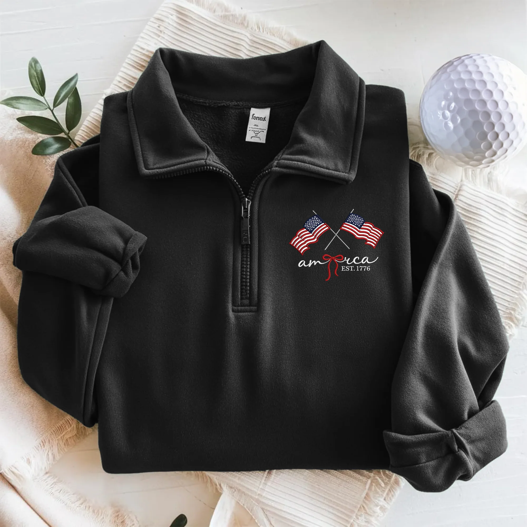America EST. 1776 American Flag Patriotic Embroidered Effect Quarter Zip Sweatshirt LM32 899587 - Image 2