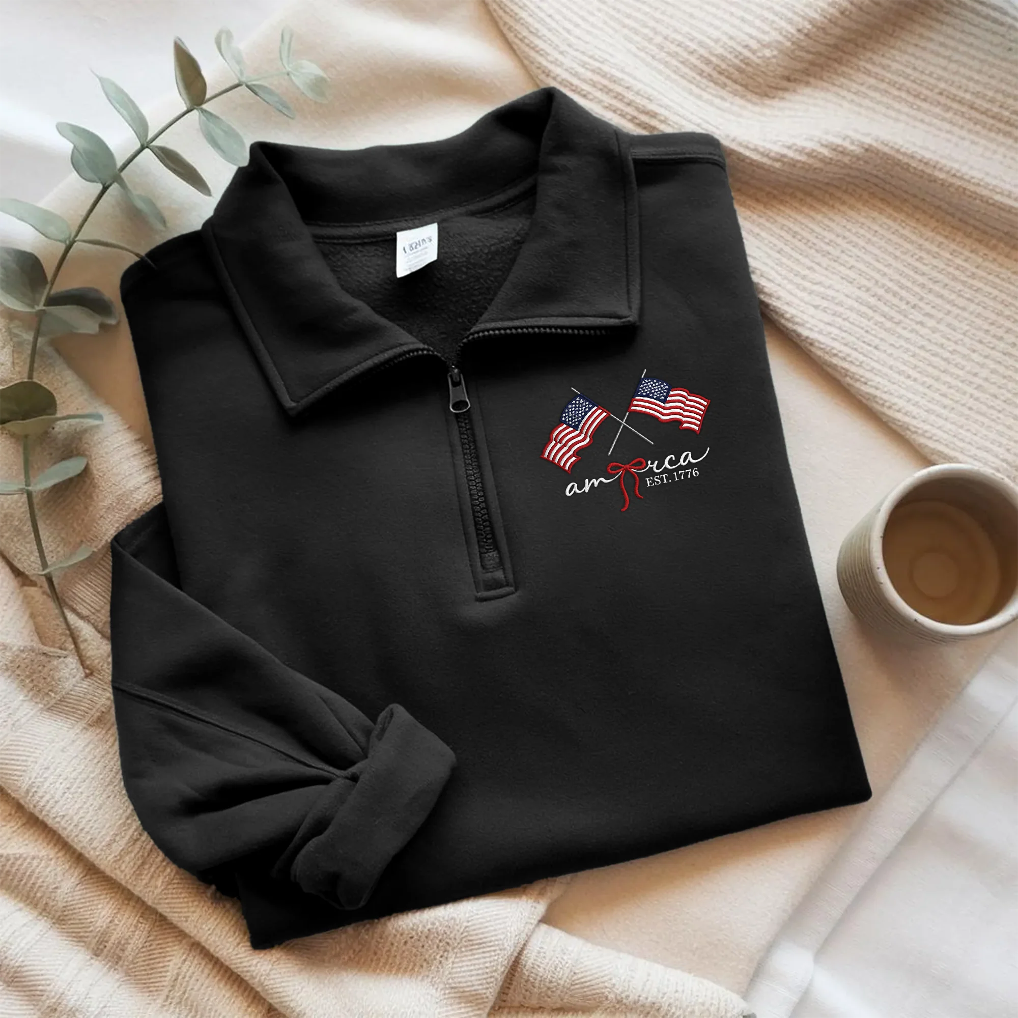 America EST. 1776 American Flag Patriotic Embroidered Effect Quarter Zip Sweatshirt LM32 899587 - Image 3