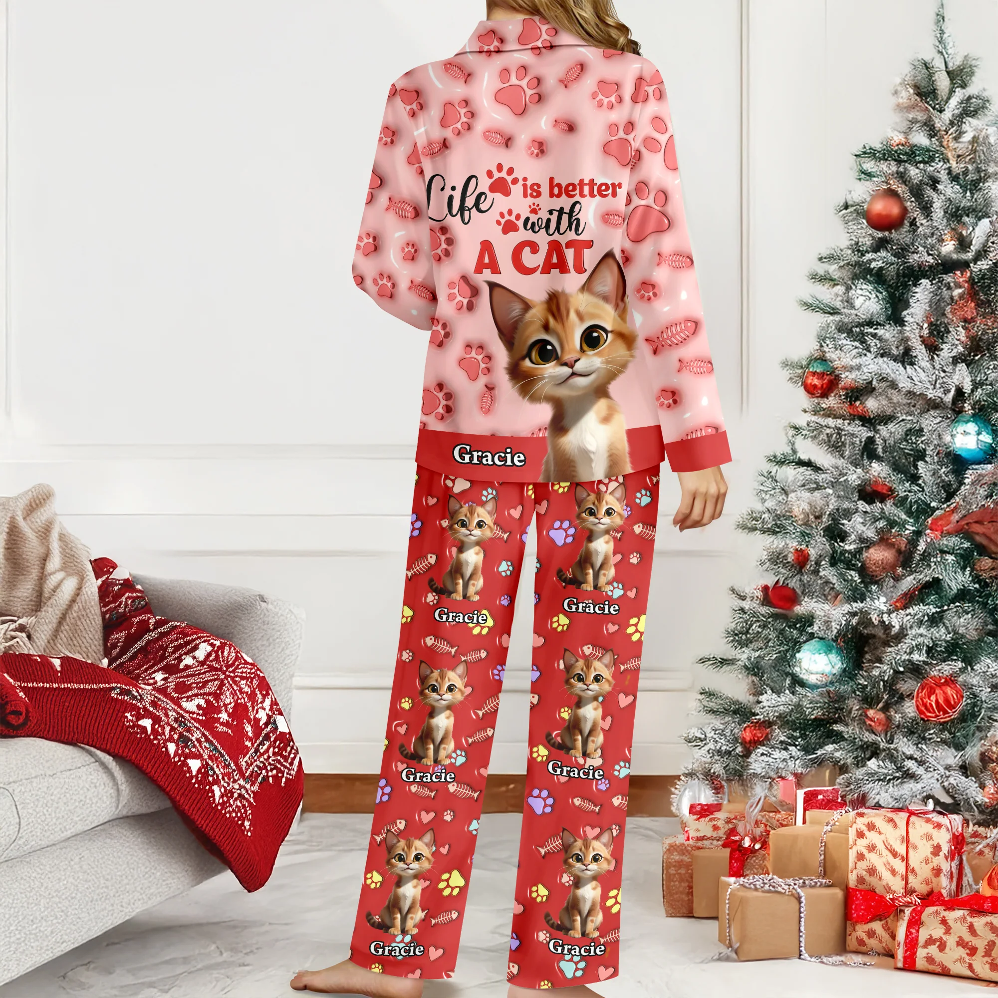 Custom Cat Name Life Is Better With Cats 3D Effect Pajamas LM32 895933 - Image 4