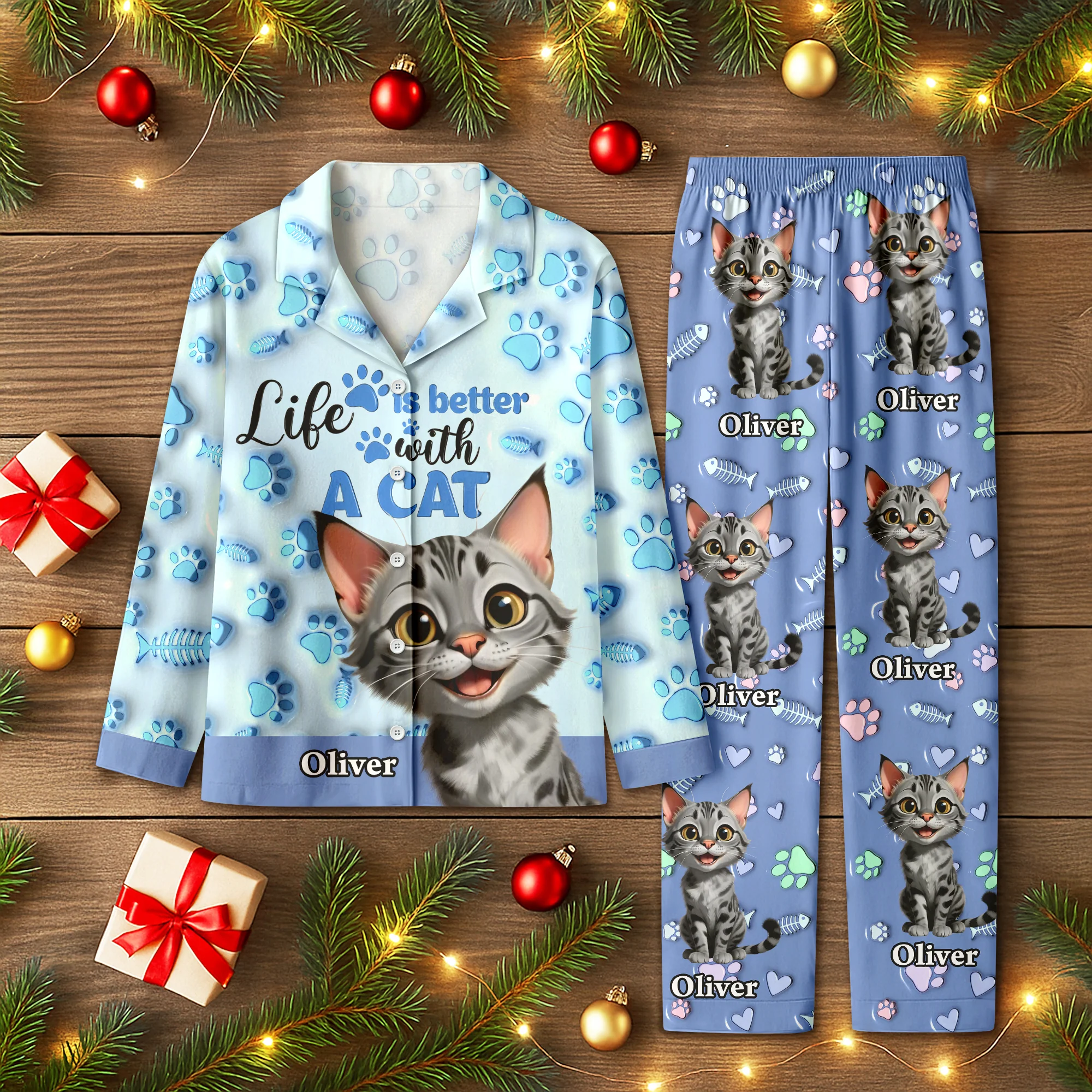 Custom Cat Name Life Is Better With Cats 3D Effect Pajamas LM32 895933 - Image 9