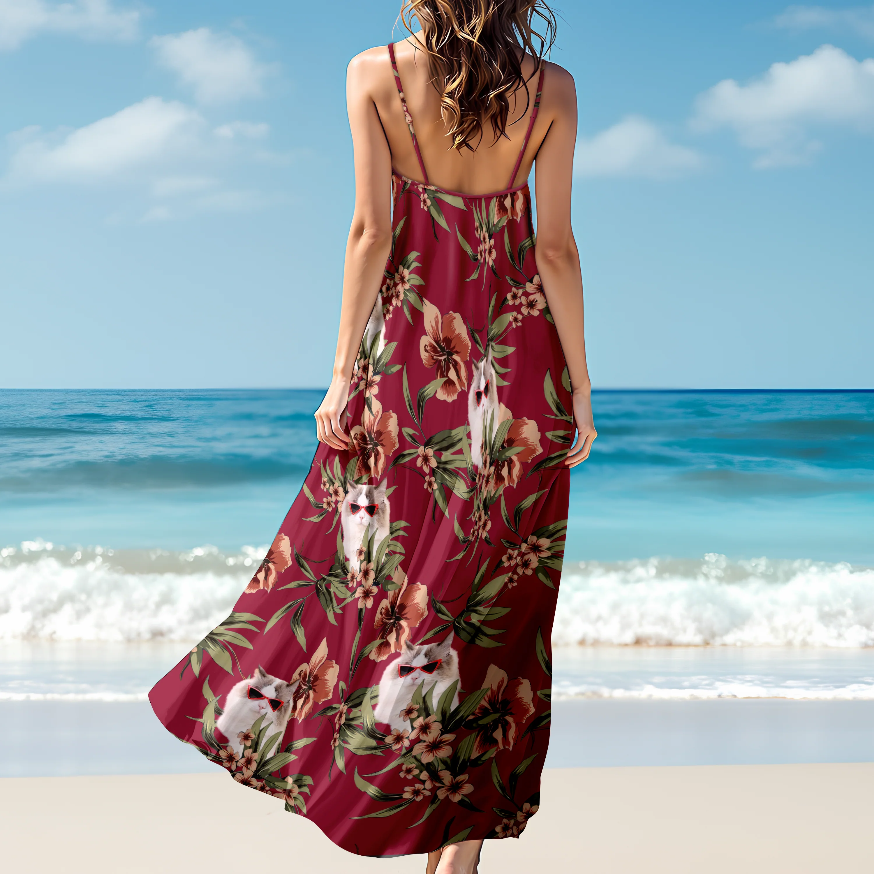 Custom Cat Photo With Floral Pattern Women's V-neck Cami Maxi Dress LM32 893327 - Image 8