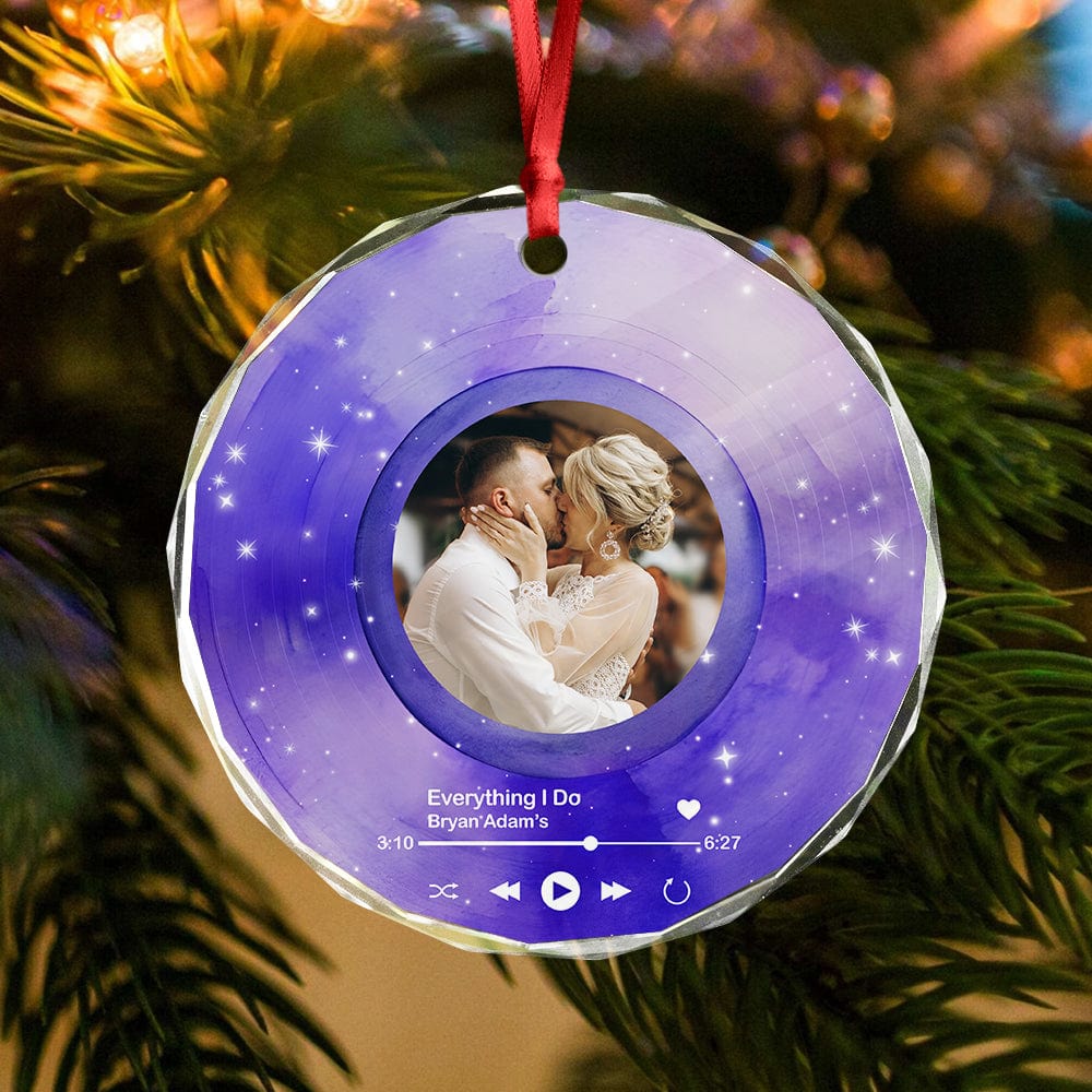 Custom Couple Photo Vinyl Record and Love Song Anniversary Glass Circle Ornament LM32 891975