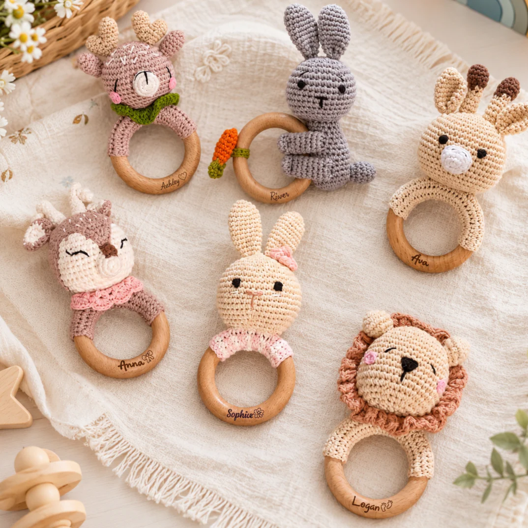 Custom Cute Bear Crochet Baby Rattle Toy with Name - Newborn Gift, Baby Shower Gift LM32 669453 - Image 7