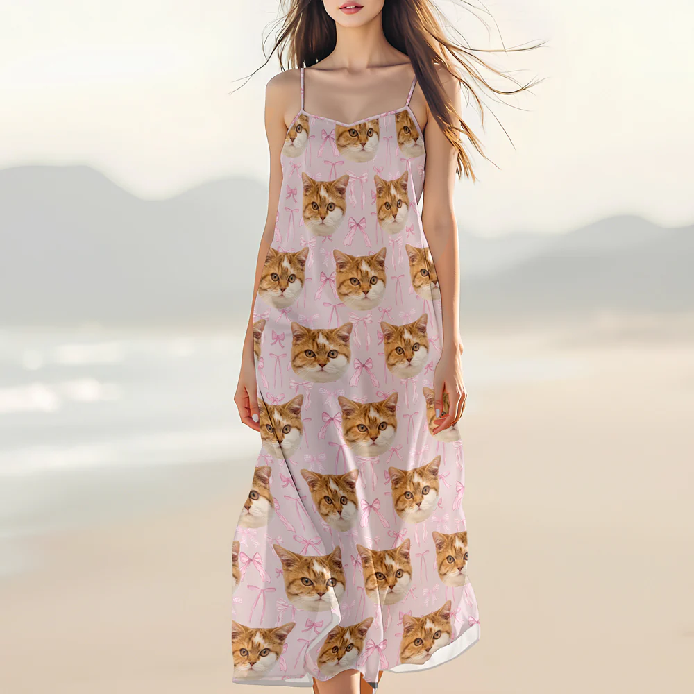 Custom Cute Cat Photo Coquette Pink Bows Hawaii Maxi Dress LM32 893401 - Image 5