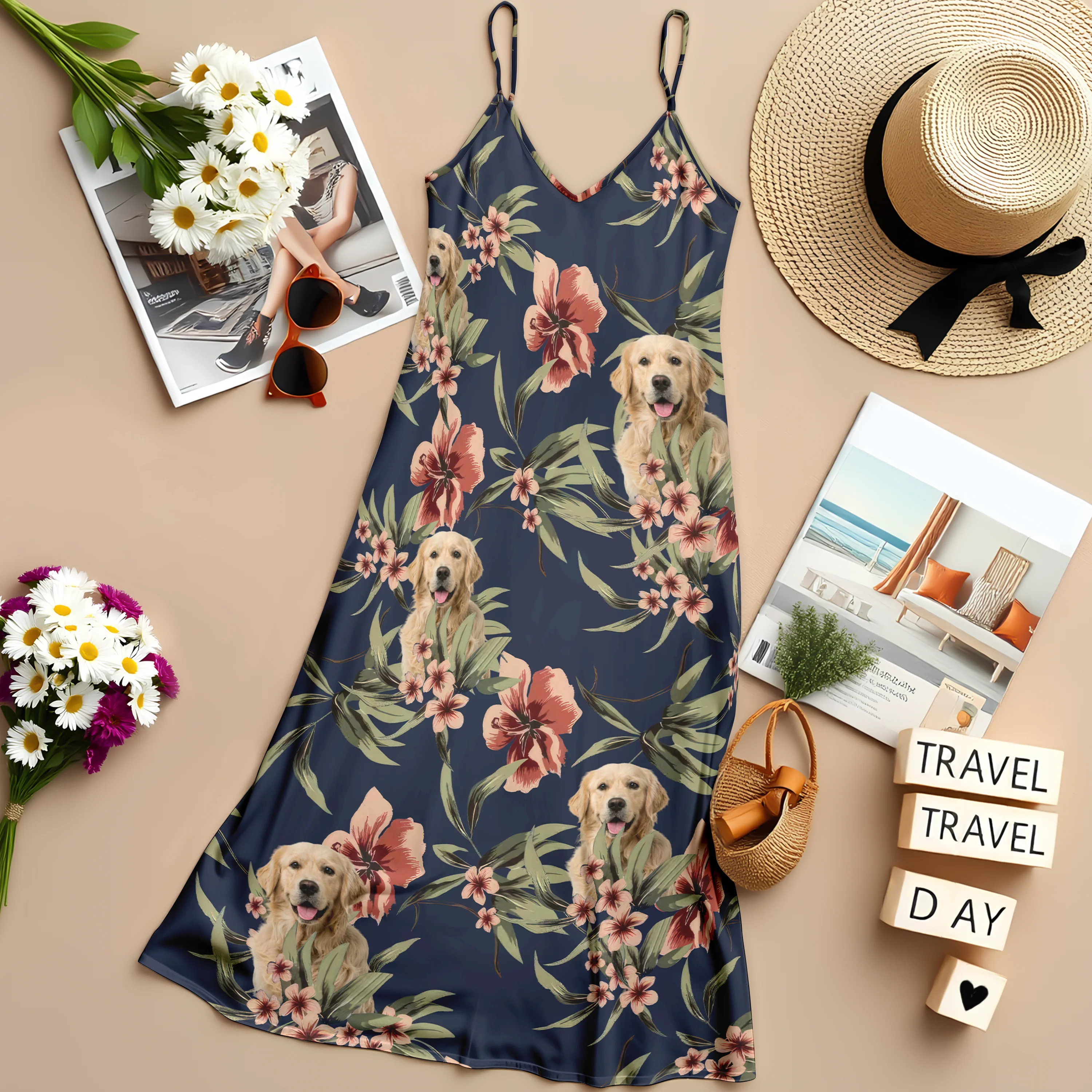 Custom Cute Dog Photo With Floral Pattern Women's V-neck Cami Maxi Dress LM32 893313 - Image 3