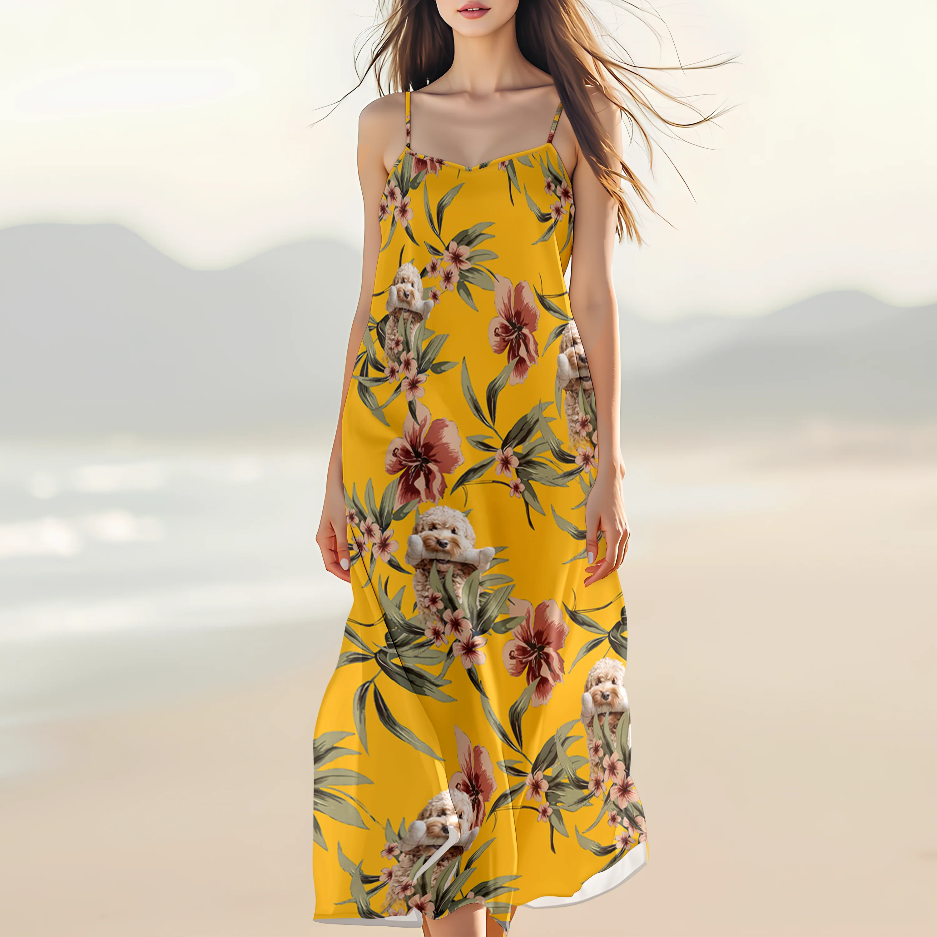 Custom Cute Dog Photo With Floral Pattern Women's V-neck Cami Maxi Dress LM32 893313 - Image 6