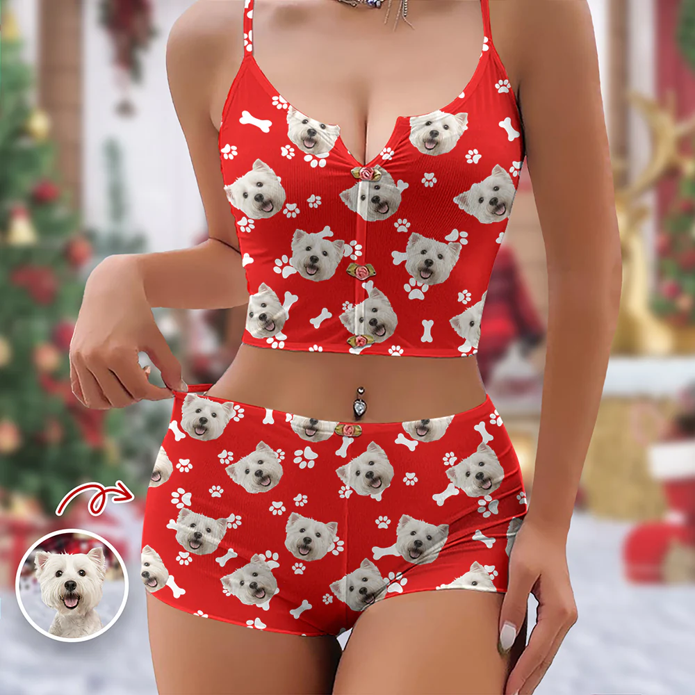 Custom Dog Cat Photo Colorful Background Christmas Appliques Notched Neckline Lingerie Set LM32 893903 - Image 3