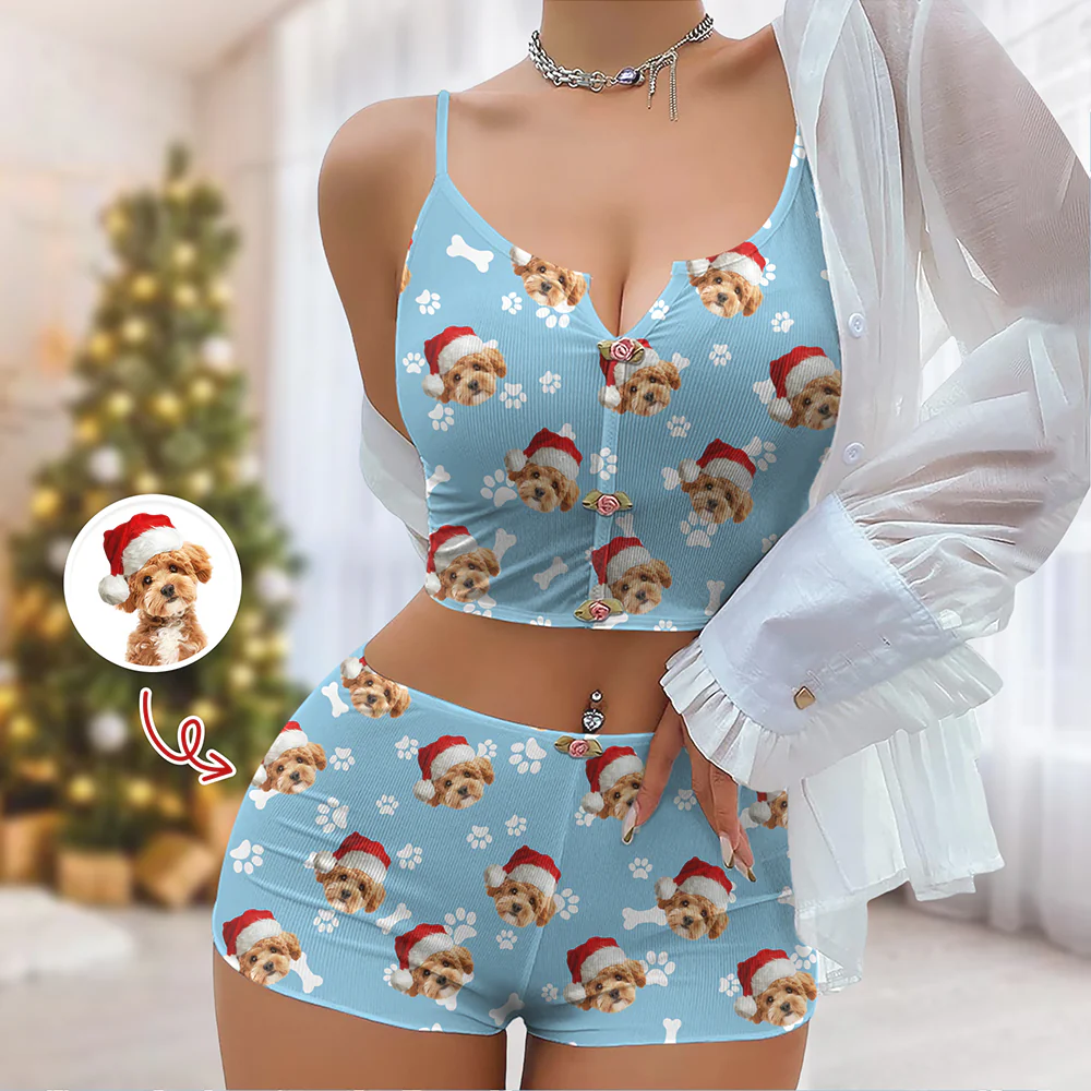 Custom Dog Cat Photo Colorful Background Christmas Appliques Notched Neckline Lingerie Set LM32 893903 - Image 4