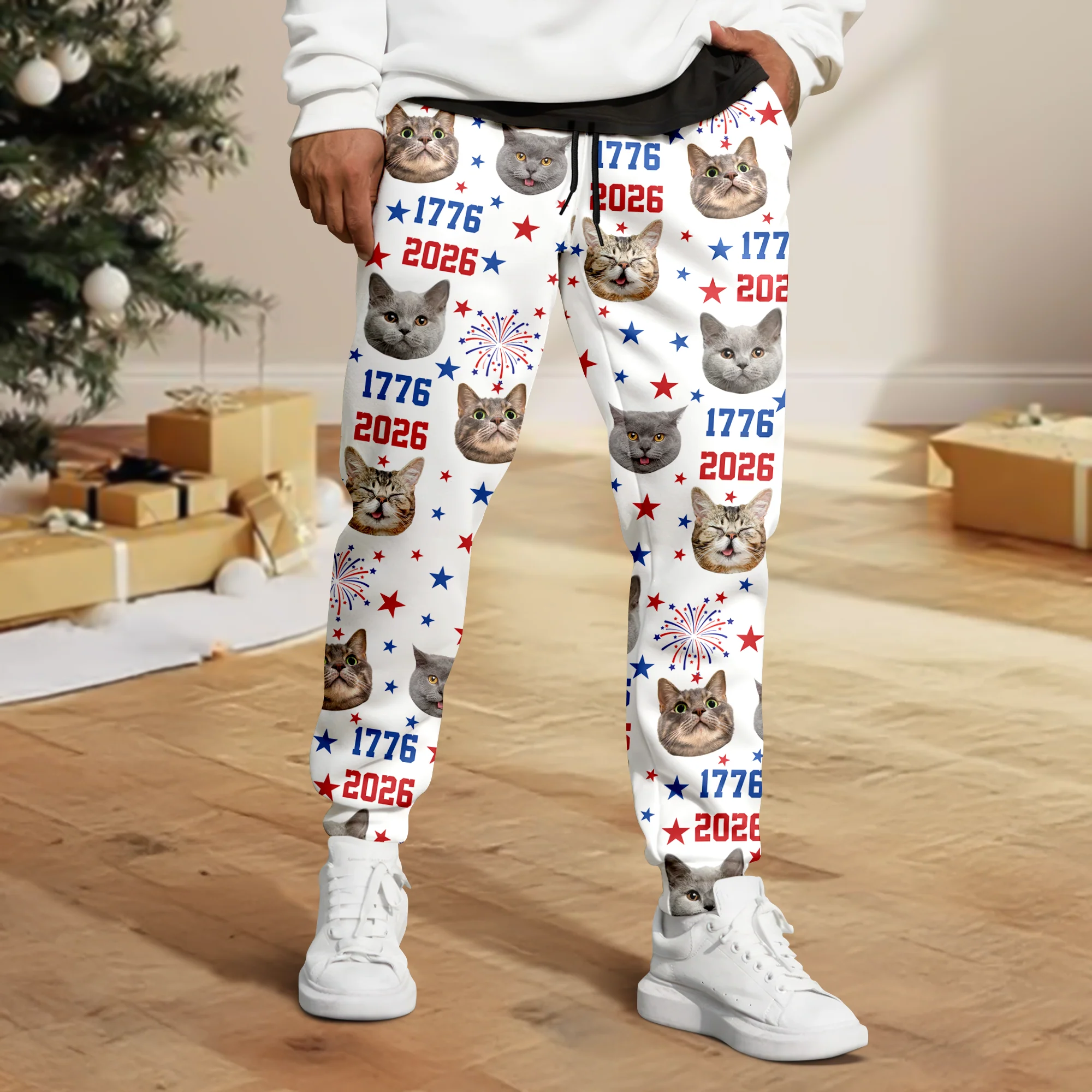 Custom Dog Cat Photo Firework USA Red White Blue Matching Sweatpants LM32 895851 - Image 7