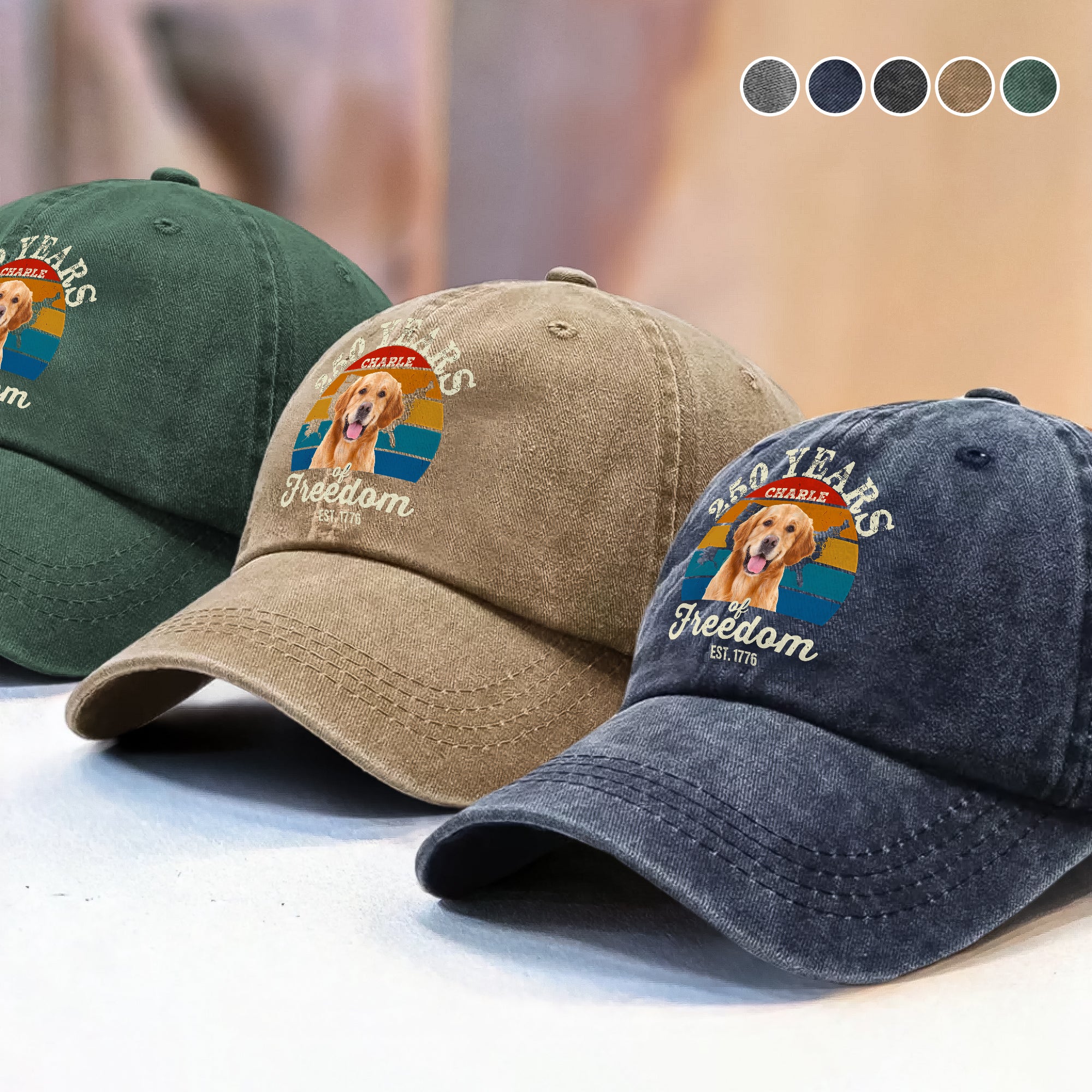 Custom Dog Photo 250 Years of Freedom EST. 1776 Washed Denim Baseball Cap LM32 895329 - Image 10