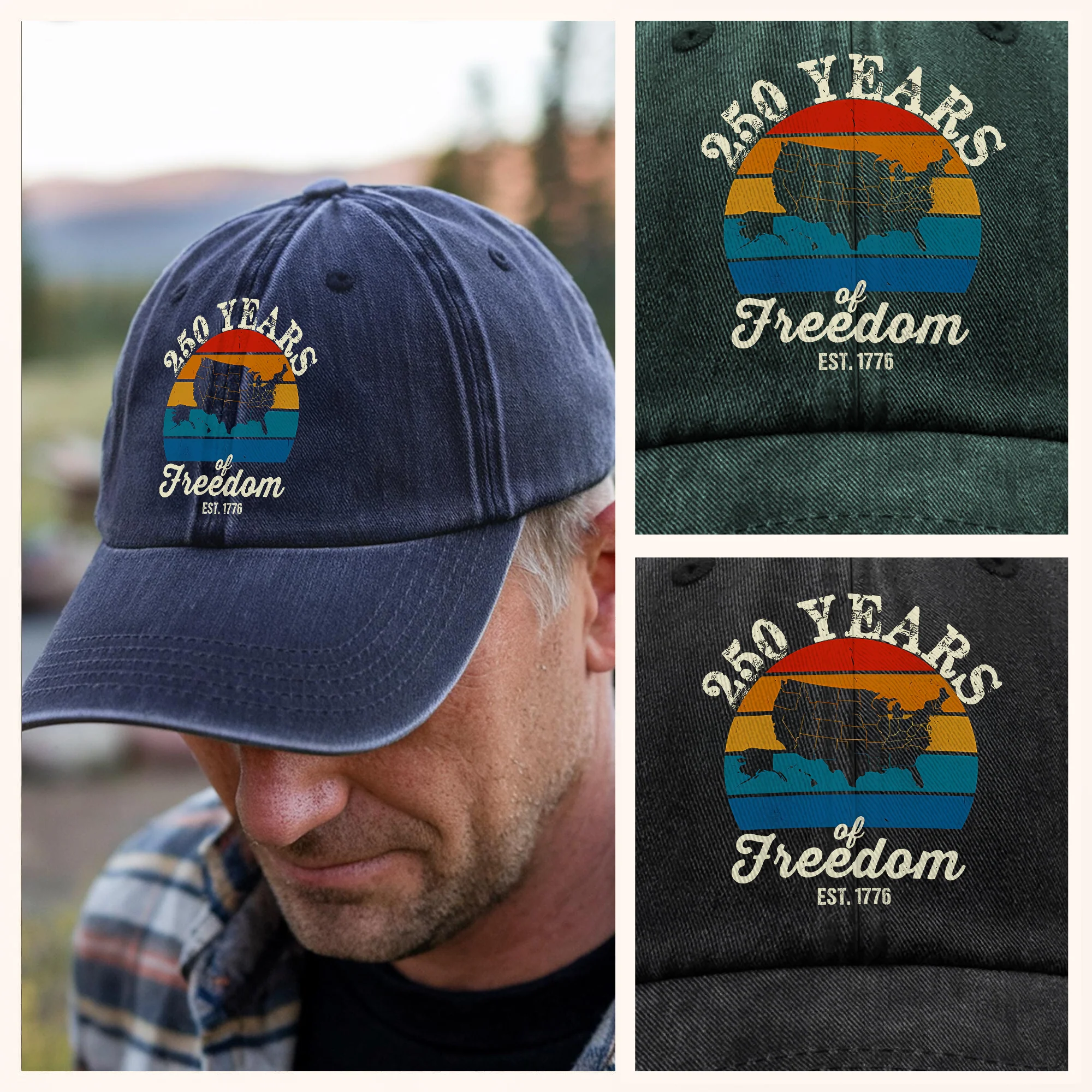 Custom Dog Photo 250 Years of Freedom EST. 1776 Washed Denim Baseball Cap LM32 895329 - Image 3