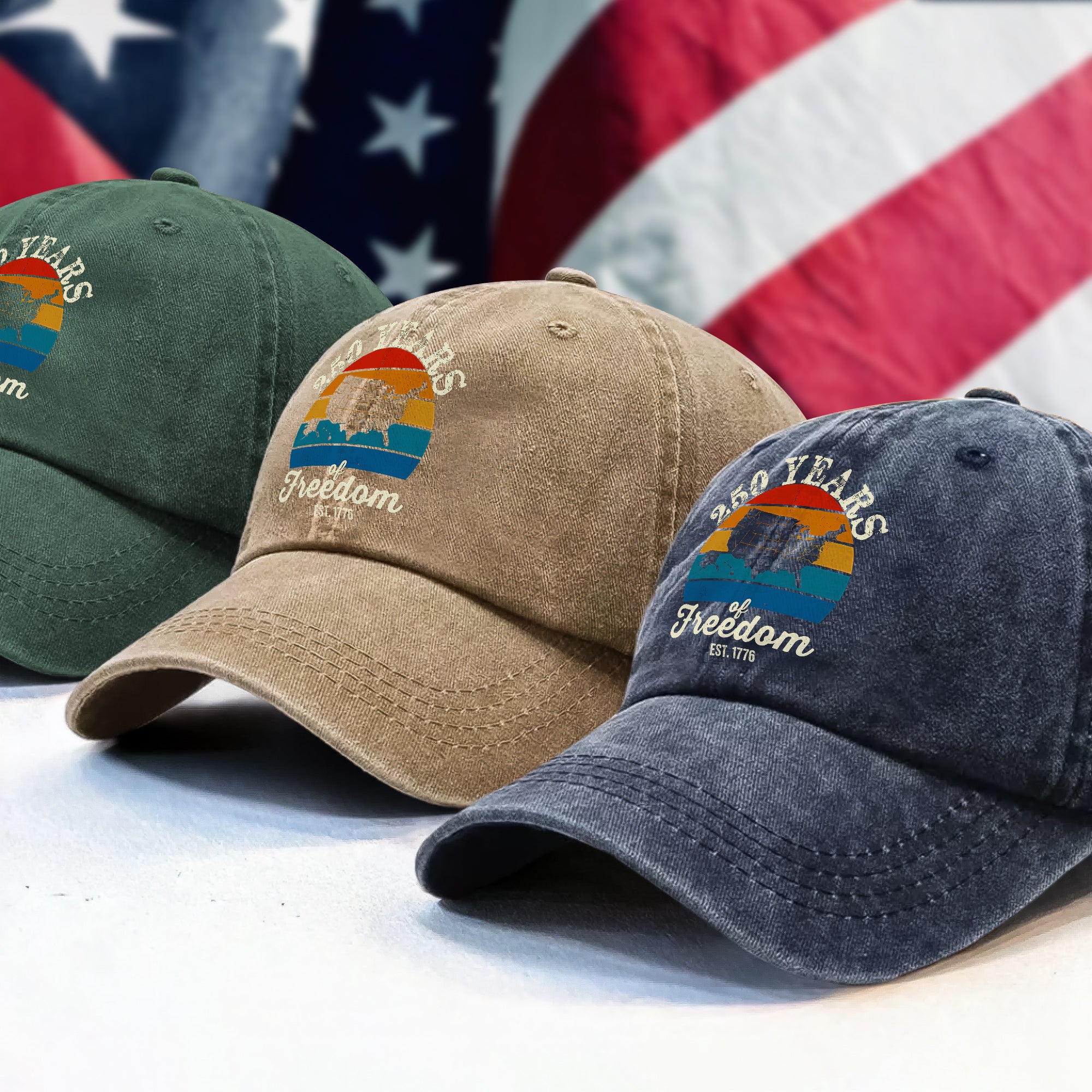 Custom Dog Photo 250 Years of Freedom EST. 1776 Washed Denim Baseball Cap LM32 895329 - Image 4