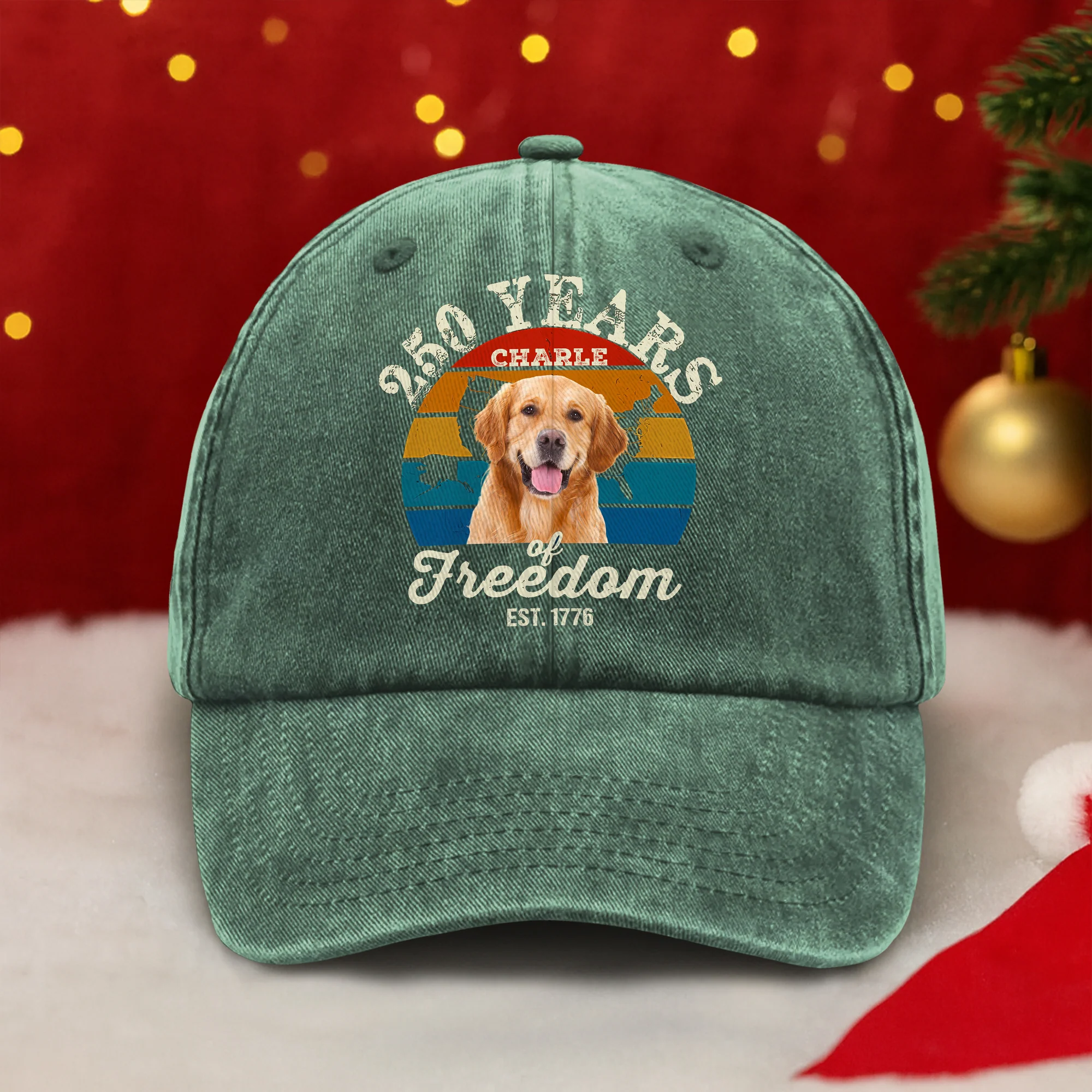 Custom Dog Photo 250 Years of Freedom EST. 1776 Washed Denim Baseball Cap LM32 895329 - Image 5