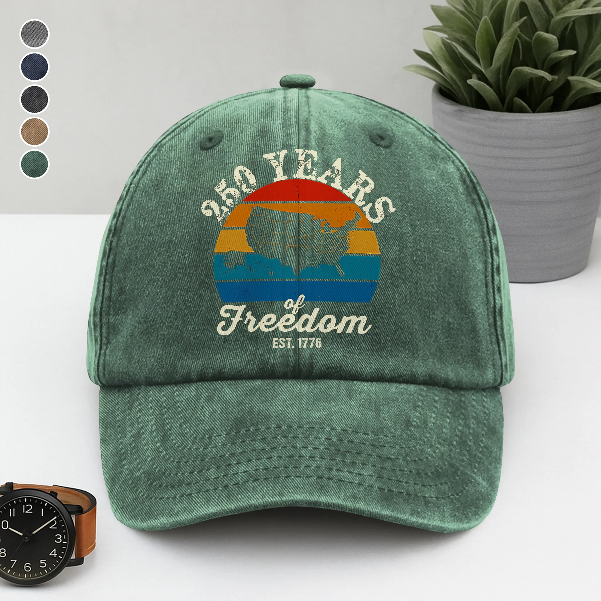 Custom Dog Photo 250 Years of Freedom EST. 1776 Washed Denim Baseball Cap LM32 895329 - Image 9