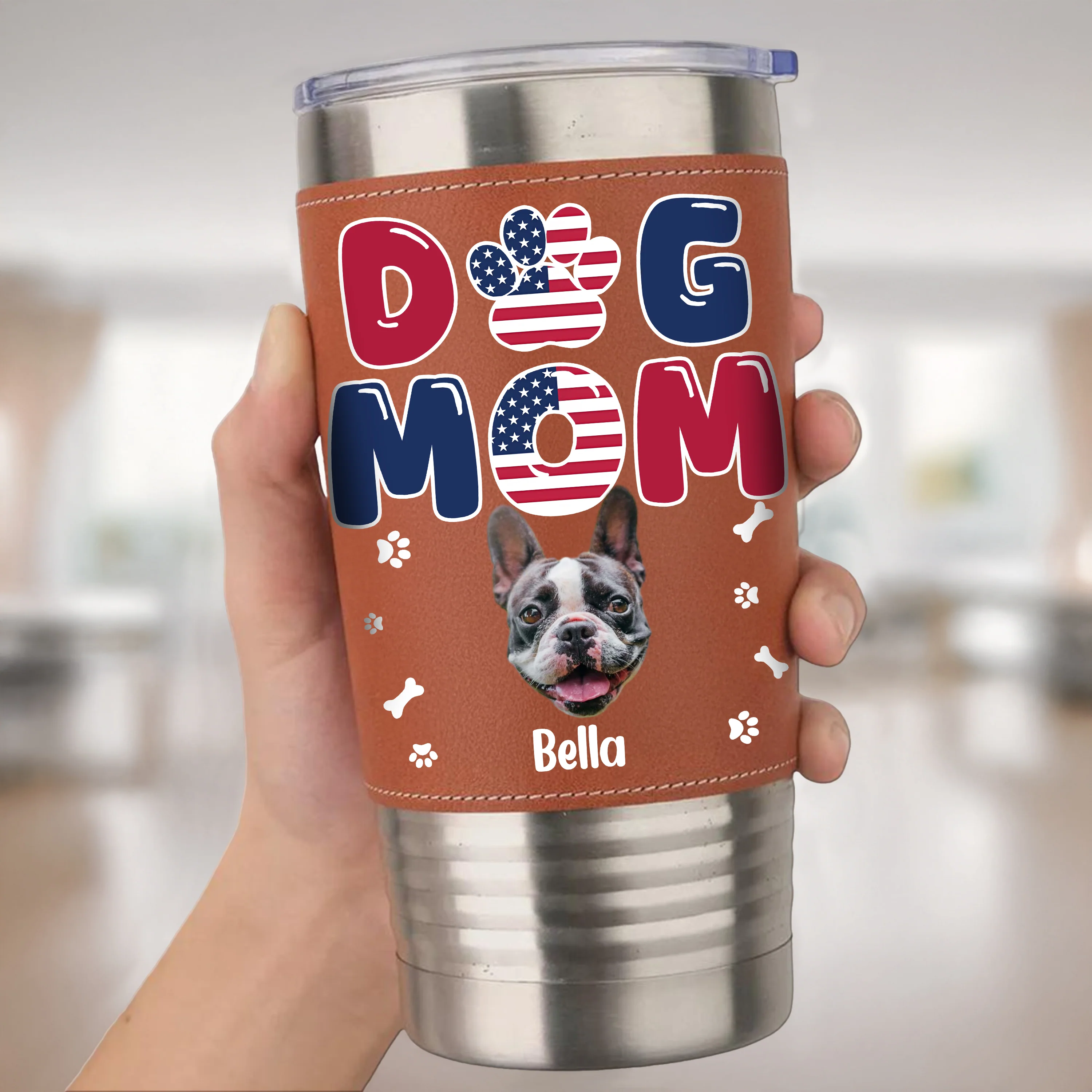 Custom Dog Photo Dog Dad America Flag Style Leather Tumbler LM32 893701 - Image 2