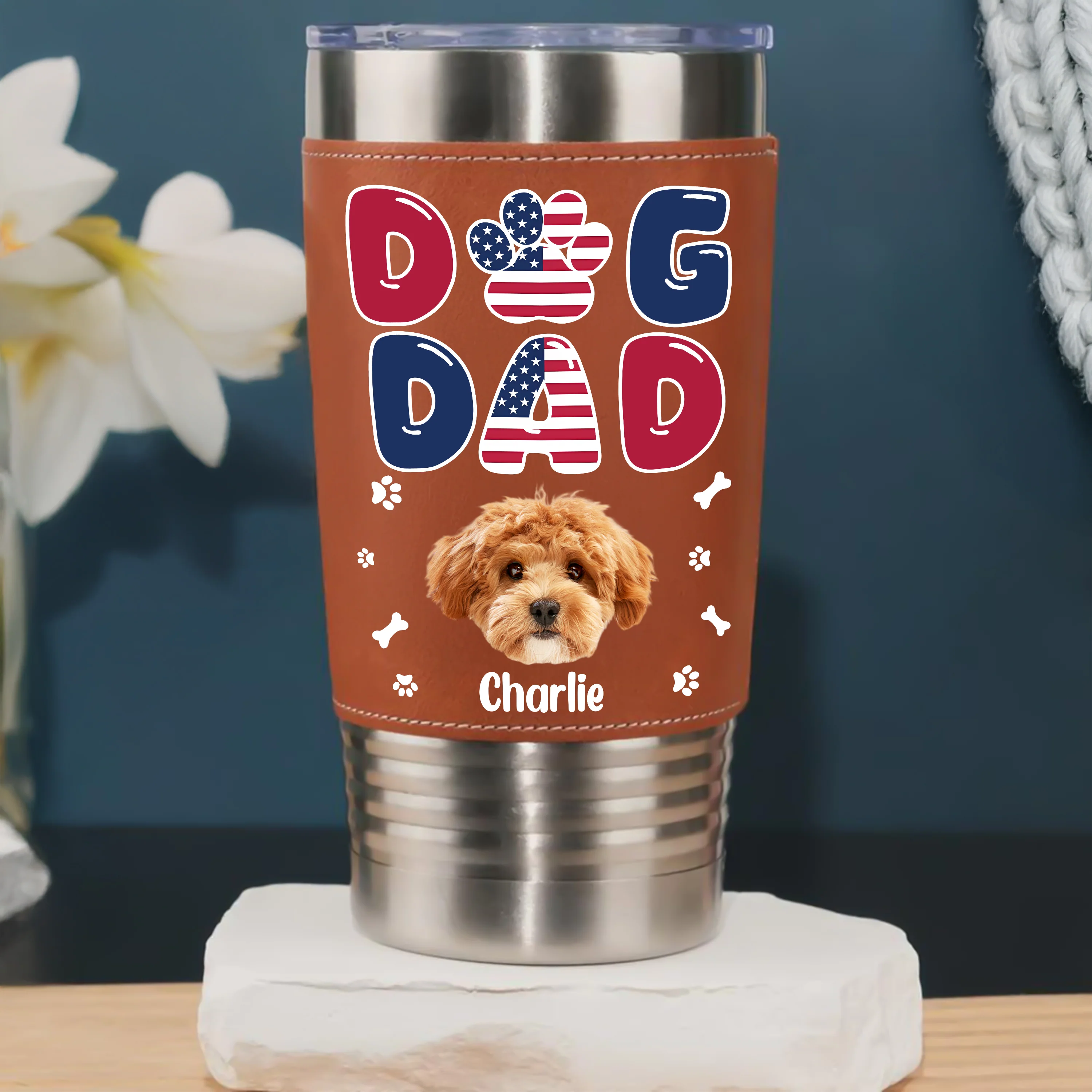 Custom Dog Photo Dog Dad America Flag Style Leather Tumbler LM32 893701 - Image 3