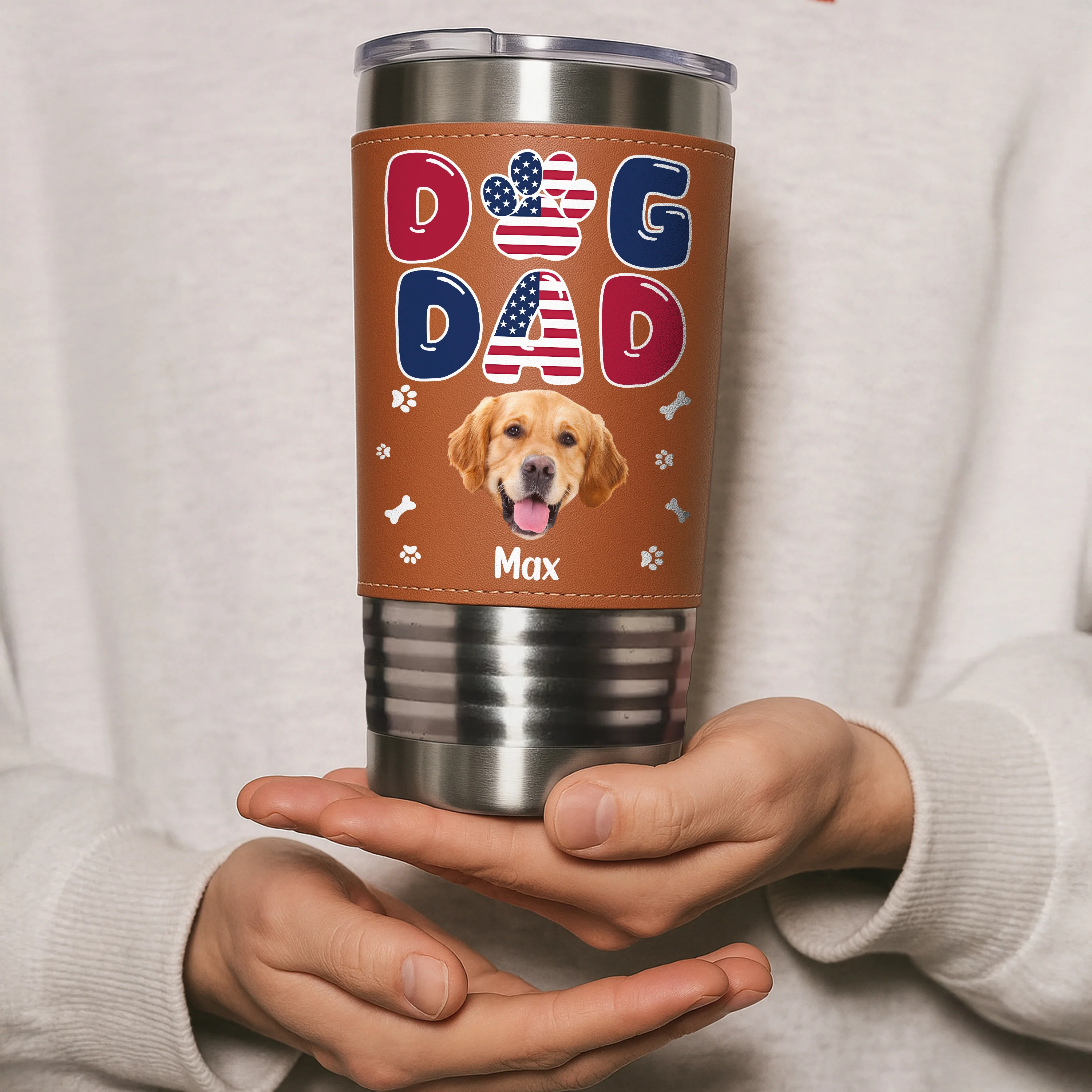 Custom Dog Photo Dog Dad America Flag Style Leather Tumbler LM32 893701 - Image 4