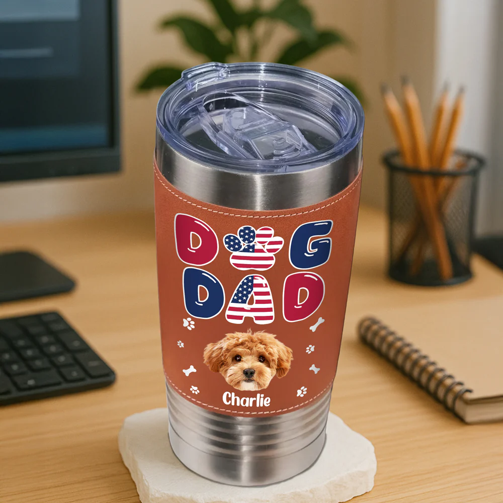 Custom Dog Photo Dog Dad America Flag Style Leather Tumbler LM32 893701 - Image 5