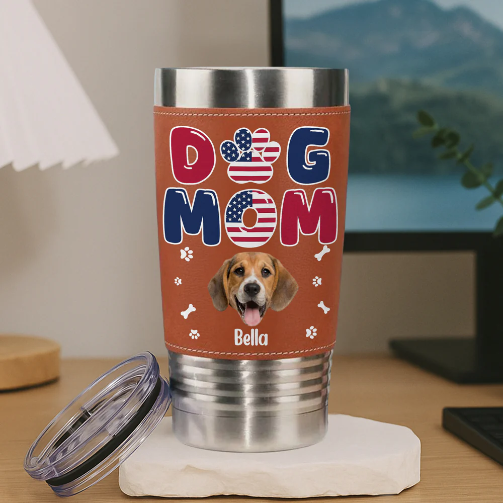 Custom Dog Photo Dog Dad America Flag Style Leather Tumbler LM32 893701 - Image 6