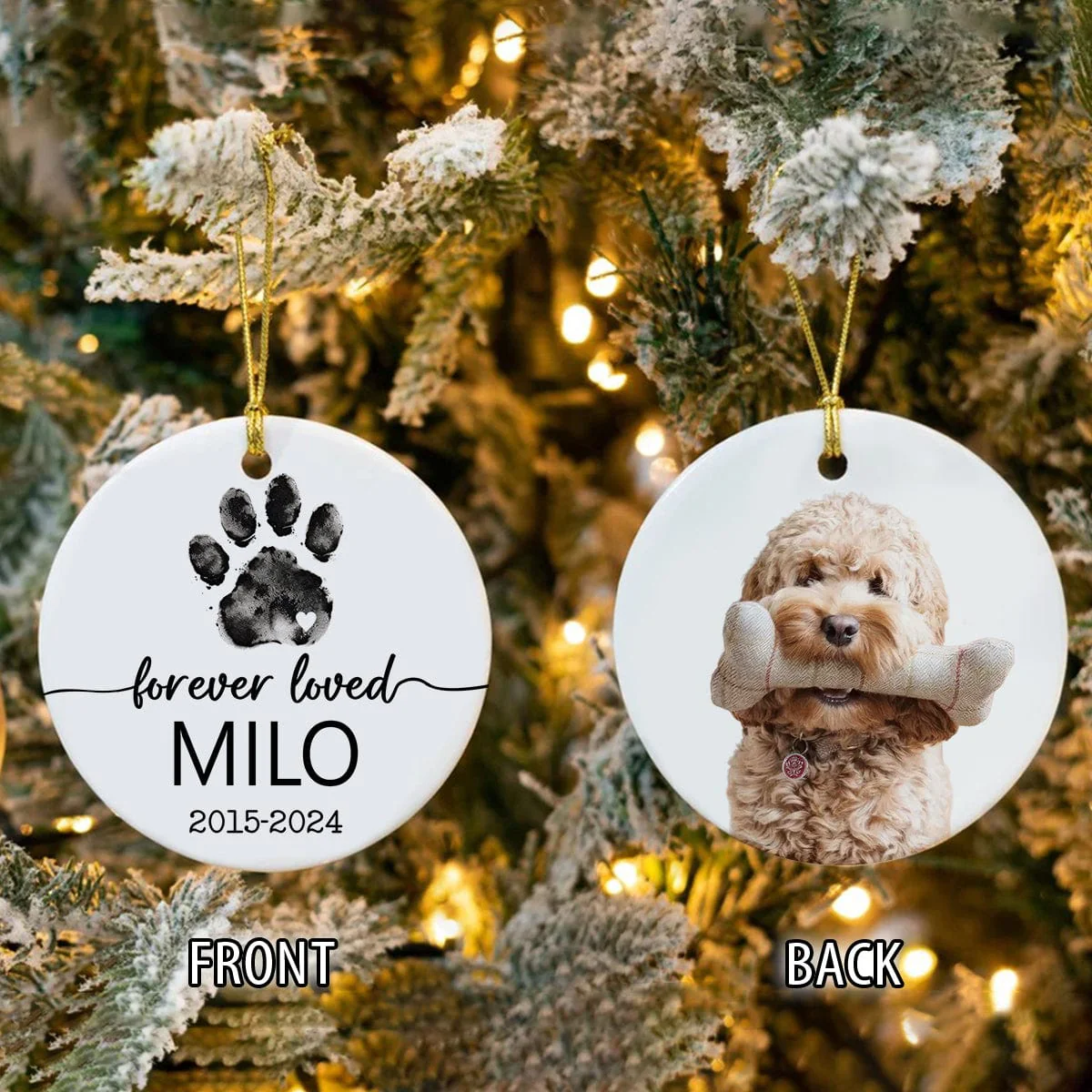 Custom Dog Photo Forever Loved Pet - 2 Sided Memorial Ceramic Ornament HA75 891897