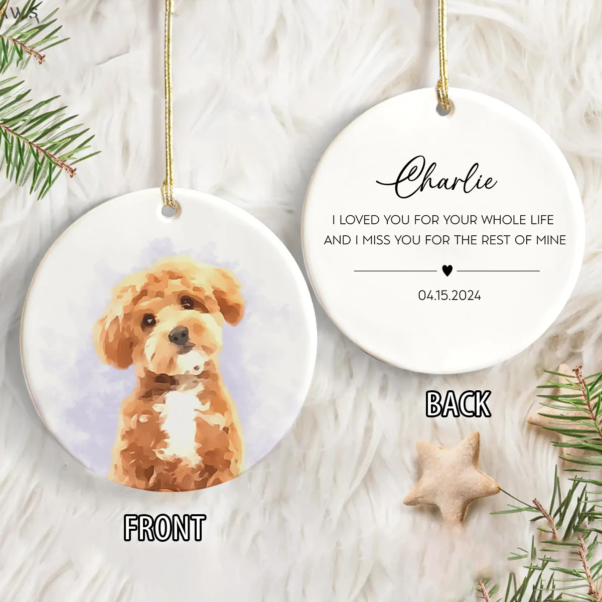Custom Dog Photo Watercolor I Love You - 2 Sided Memorial Ceramic Ornament LM32 895605