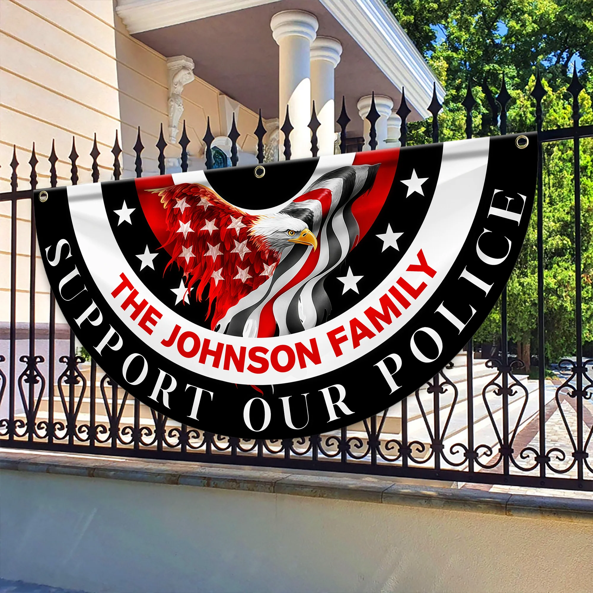 Custom Family Name American Flag Thin Blue Line Eagle Back Non-Pleated Fan Flag LM32 897803 - Image 2