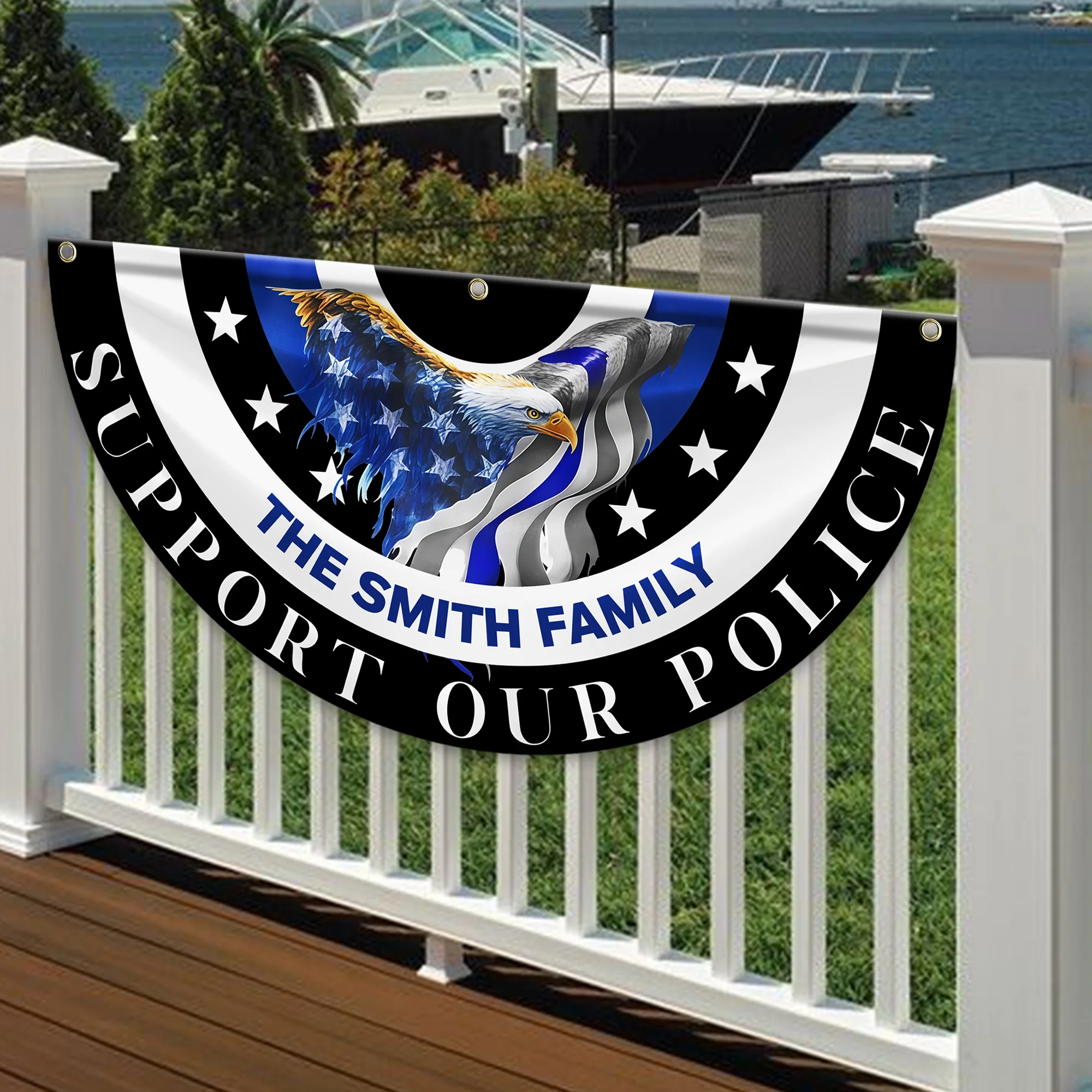 Custom Family Name American Flag Thin Blue Line Eagle Back Non-Pleated Fan Flag LM32 897803 - Image 3