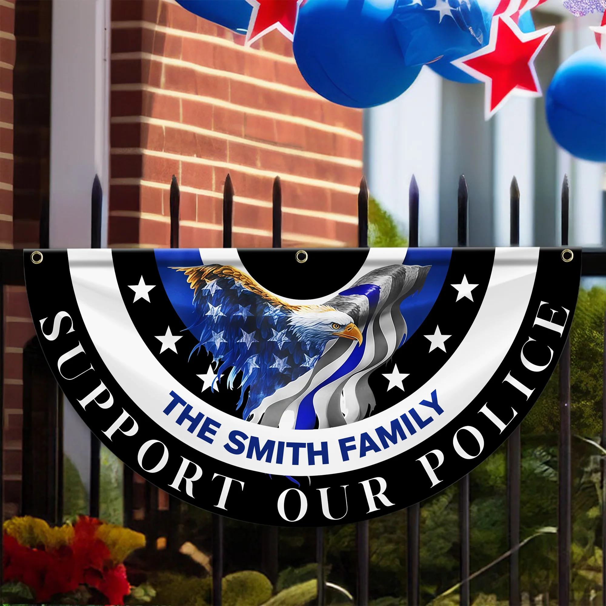 Custom Family Name American Flag Thin Blue Line Eagle Back Non-Pleated Fan Flag LM32 897803 - Image 7