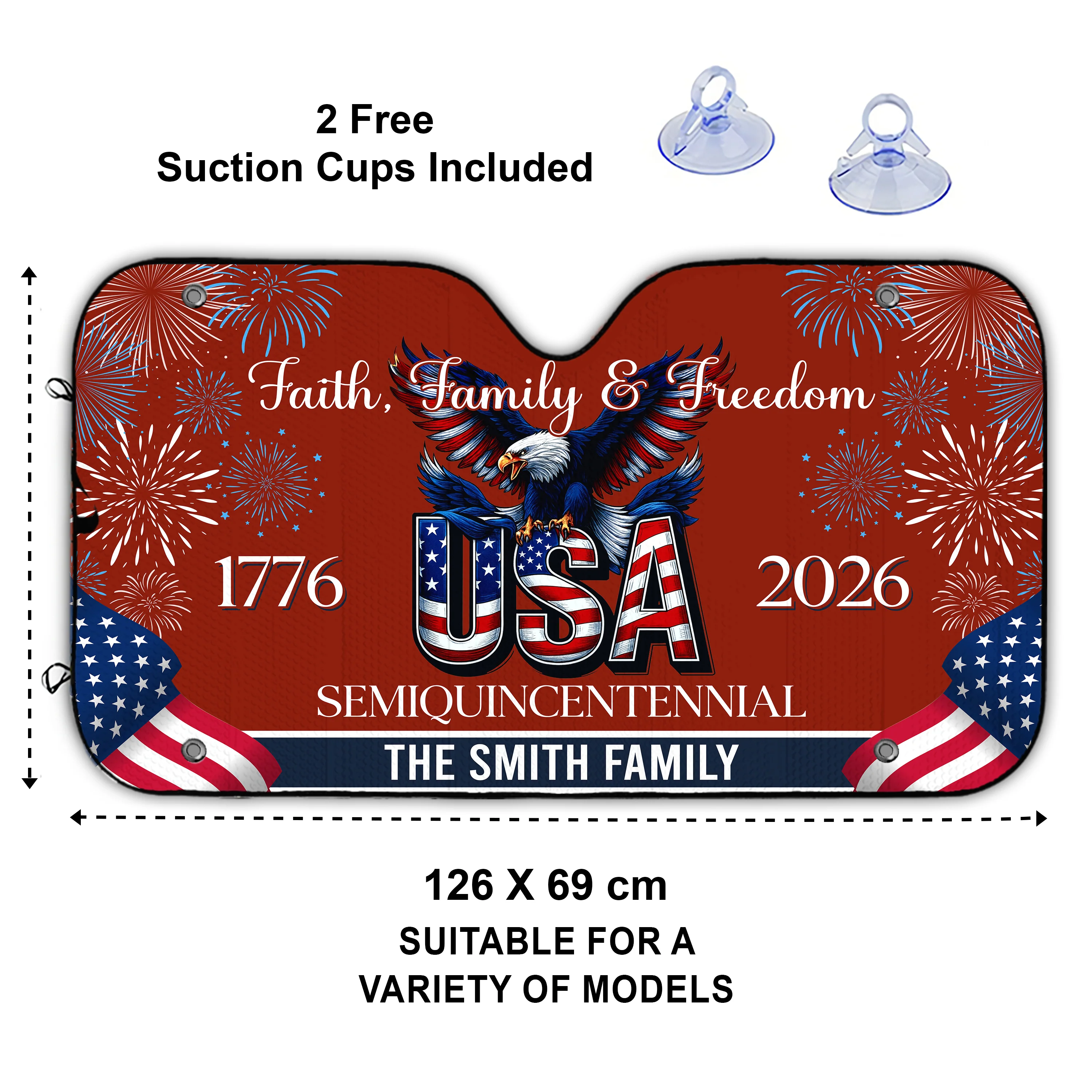 Custom Family Name Faith, Family & Freedom 250 Years of America Patriotic Car Sunshade LM32 897767 - Image 2