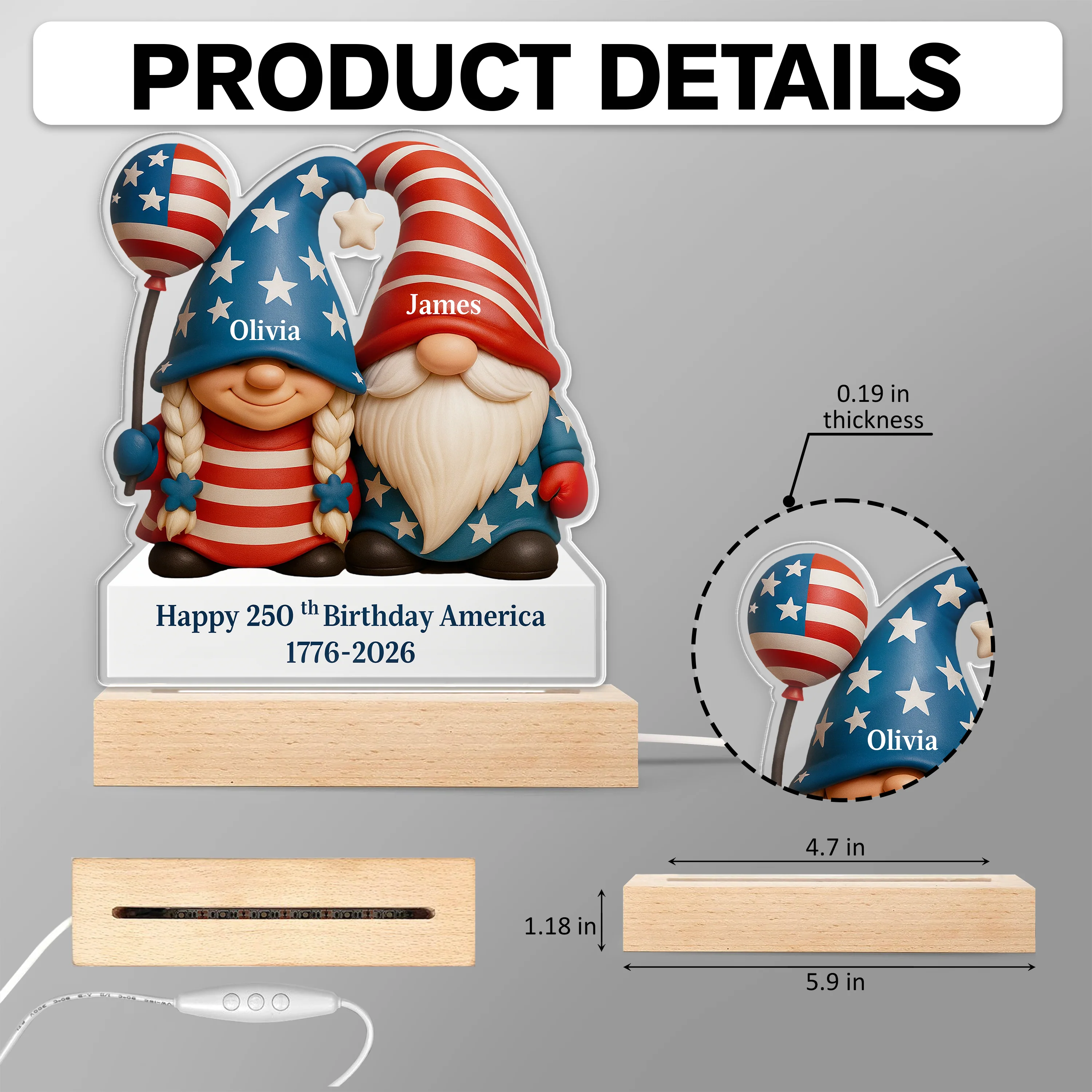 Custom Gnome Couple Happy 250th Anniversary American LED Night Light Plaque LM32 897241 - Image 6
