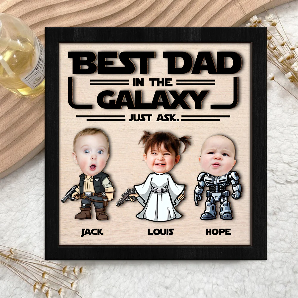 Custom Kid Photo Best Dad In The Galaxy Square Wooden Plaque With Stand LM32 893479 - Image 3
