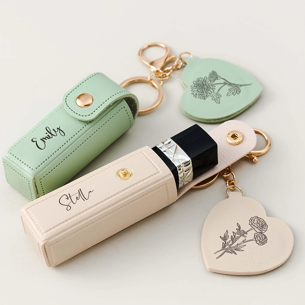 Custom Name Engraved Birth Flower Lipstick Keychain Case With Mirror - Valentine Gift, Birthday Gift for Her LM32 897659 - Image 2