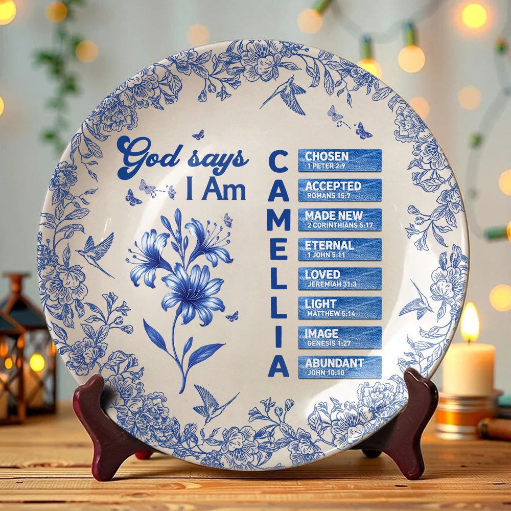 Custom Name Letter And Flower Toile De Jouy Style God Says I Am Ceramic Plate LM32 895359 - Image 2