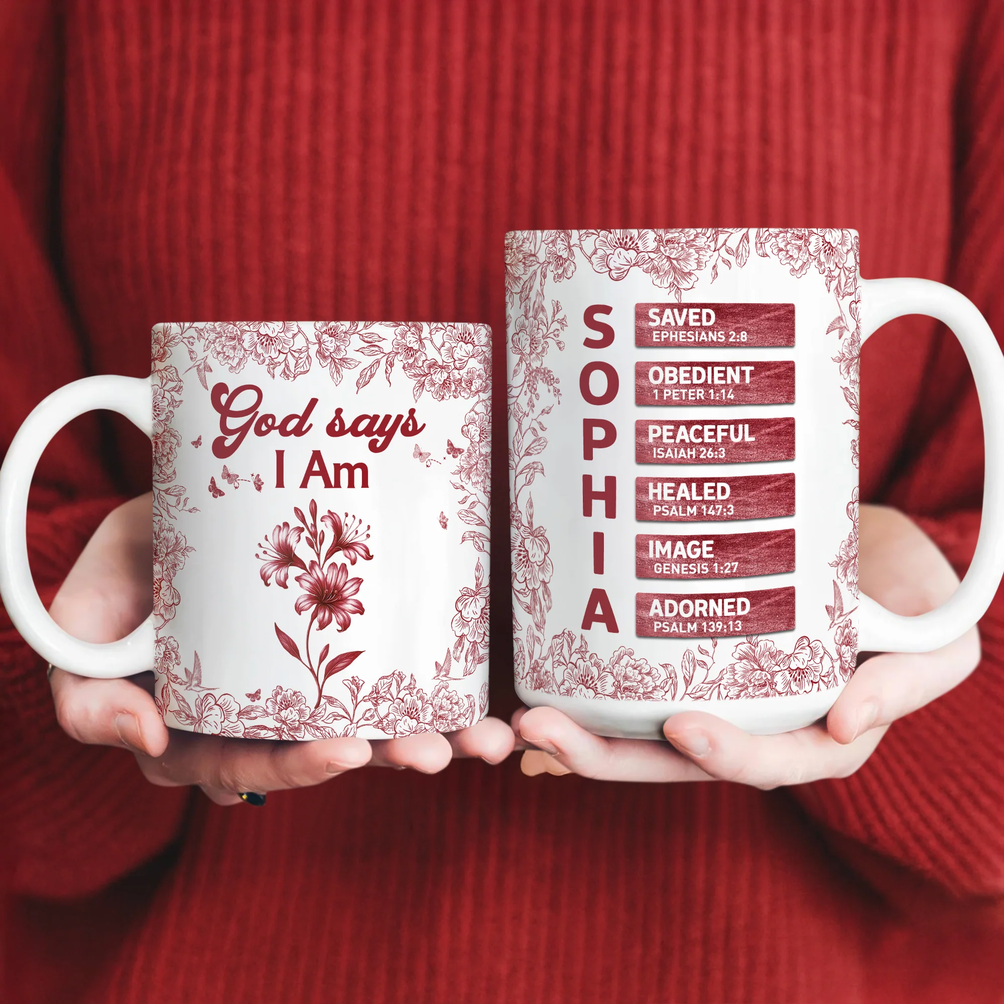 Custom Name Letter And Flower Toile De Jouy Style God Says I Am Print Full Mug LM32 895397 - Image 7