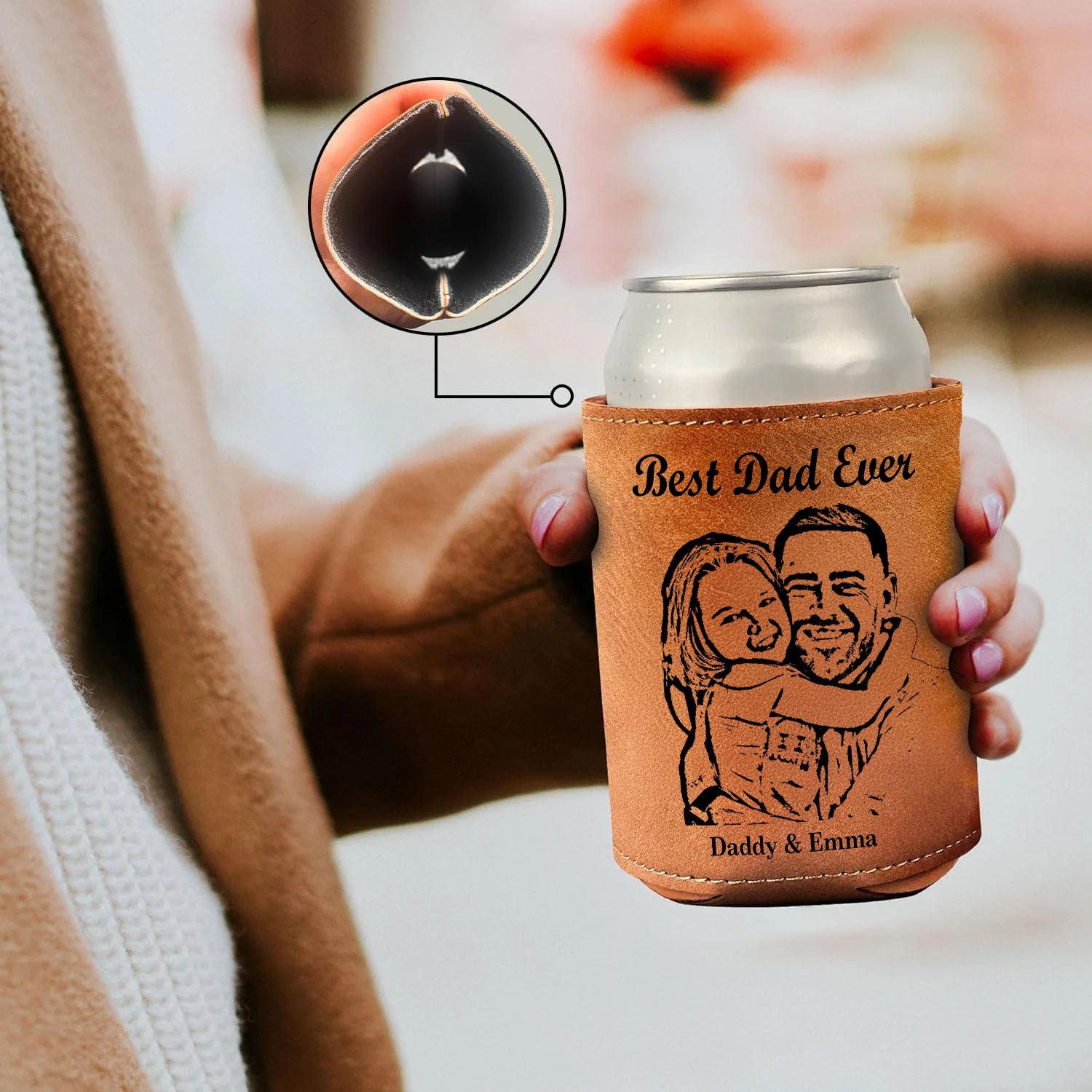 Custom Pencil Drawing Photo Best Dad Ever Leather Can Cooler Holder LM32 893667 - Image 2