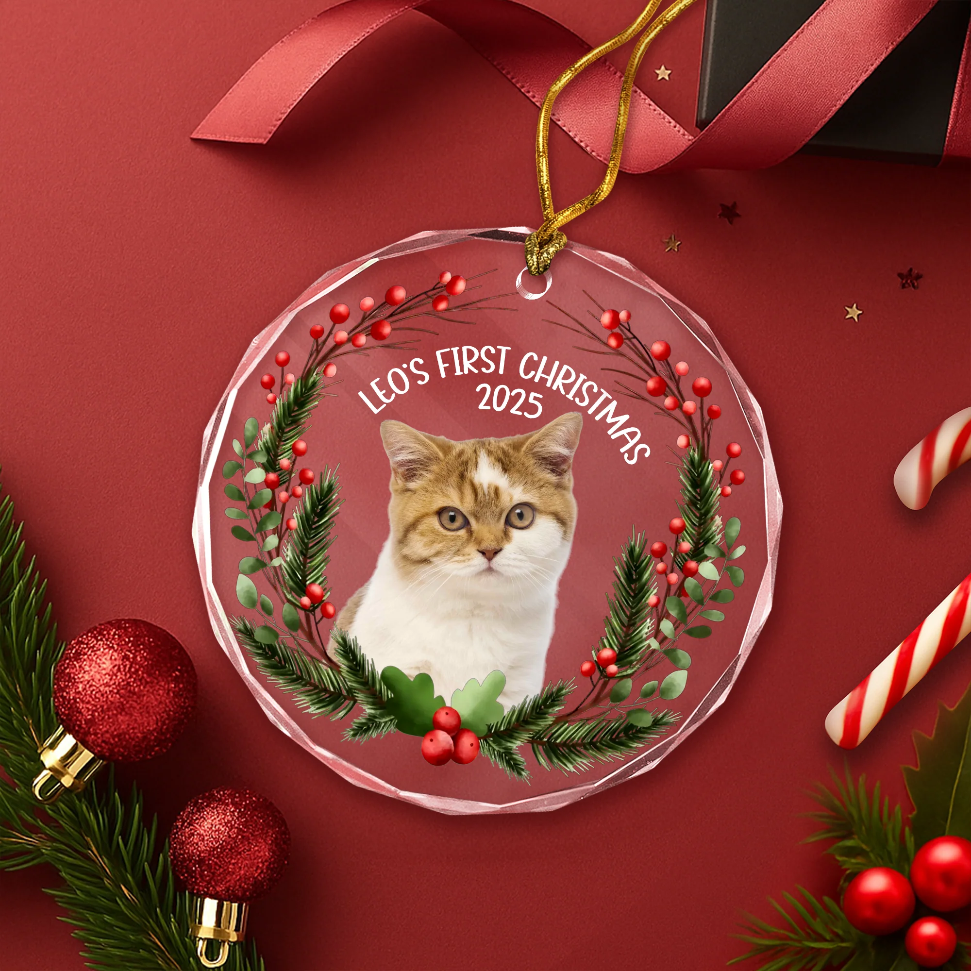 Custom Photo Baby Cat First Christmas 2025 Glass Ornament For Cat Lovers LM32 897105 - Image 3