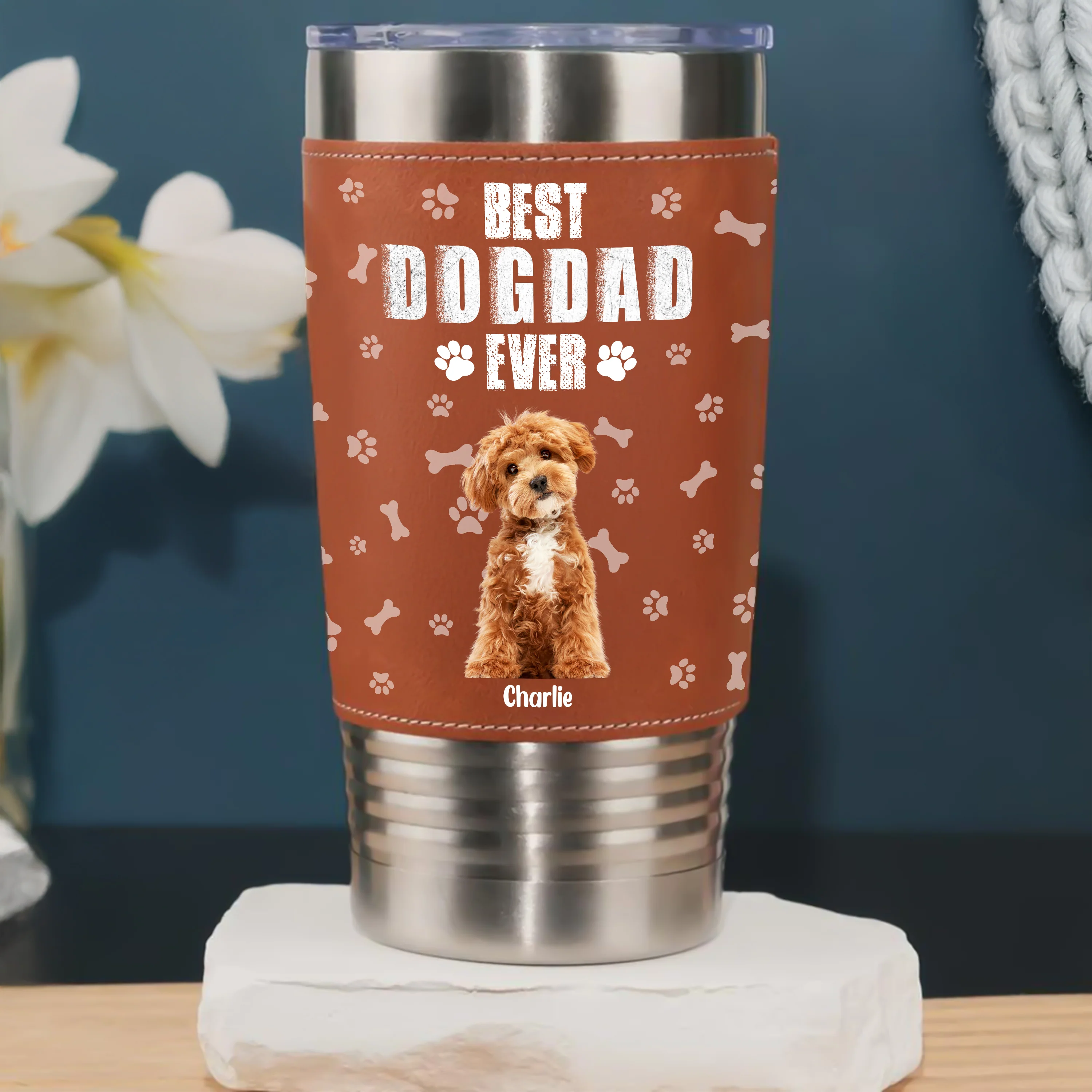 Custom Photo Best Dog Dad Cooler Version Leather Tumbler LM32 893695 - Image 2
